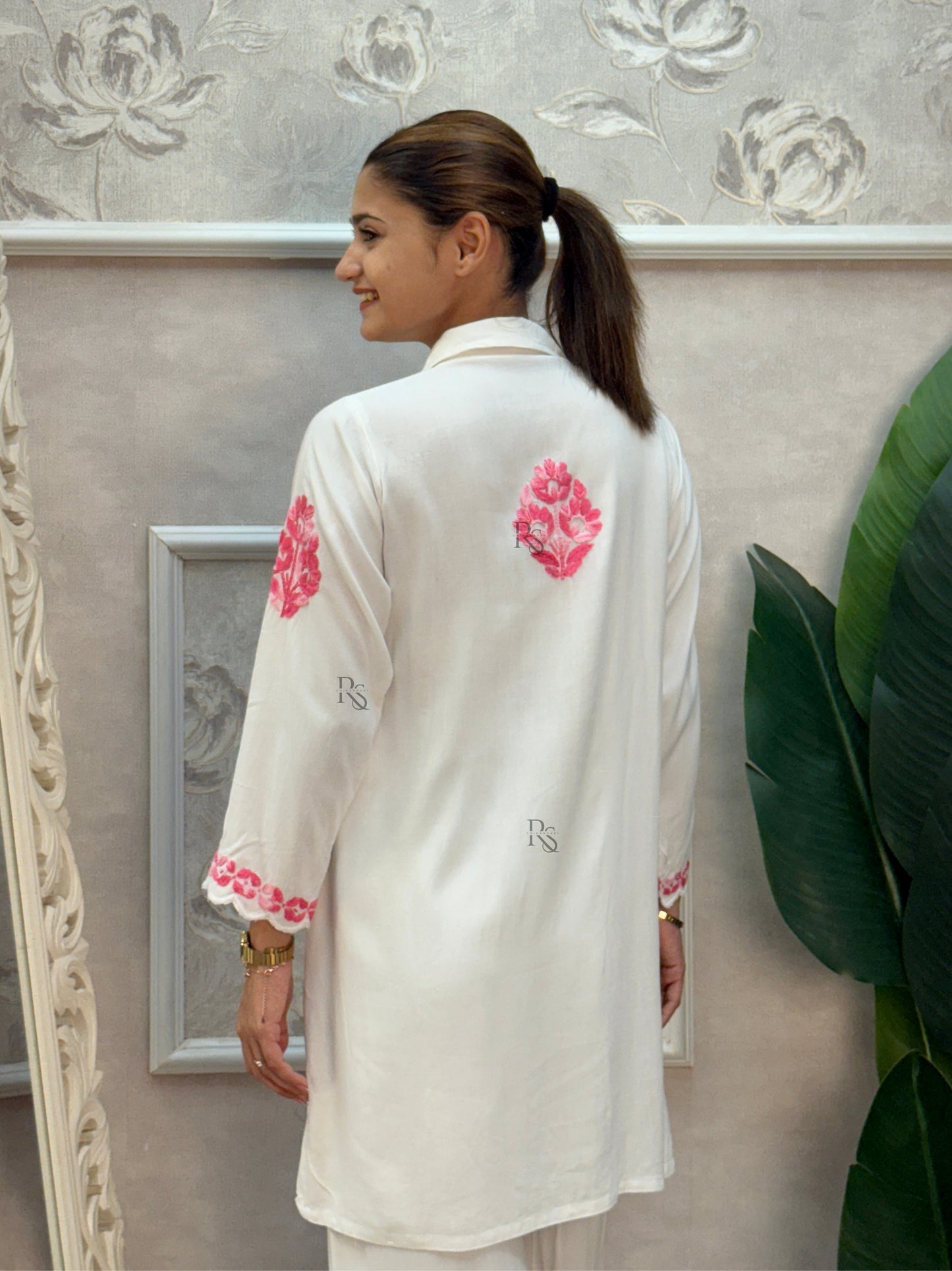 White rayon Lucknow Chikankari kurta and palazzo set with pink thread hand embroidery