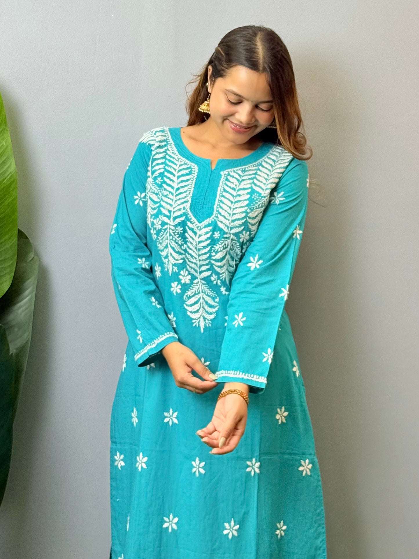 Turquoise blue cotton Lucknow Chikankari kurta with white hand embroidery