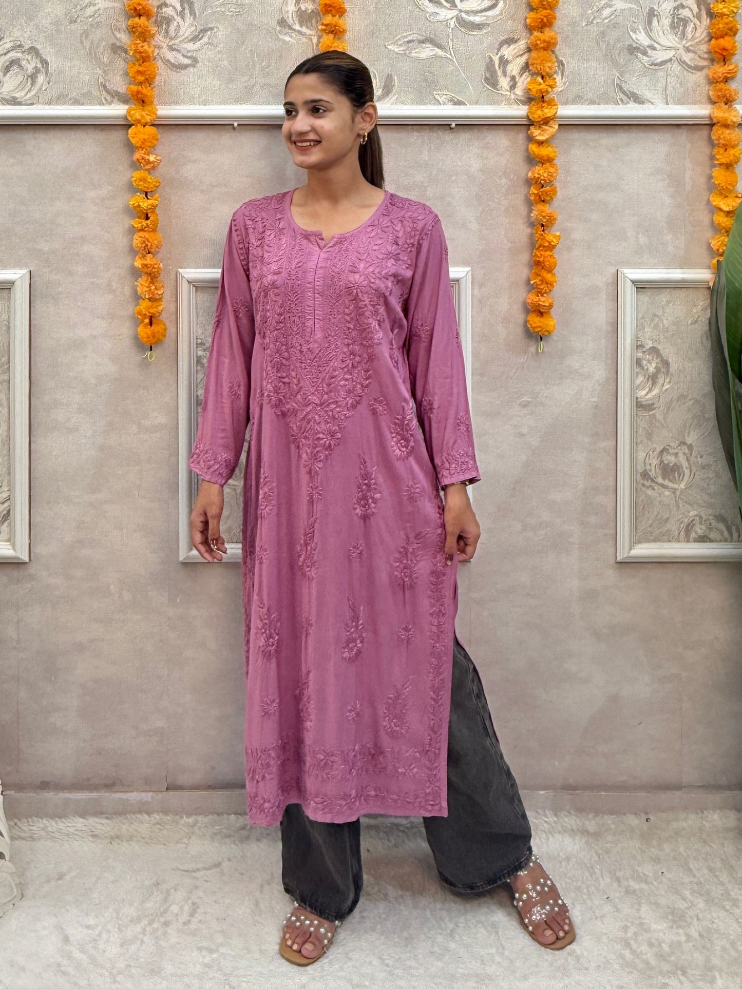 Mauve modal chikankari kurta with hand embroidery, premium quality and soft fabric