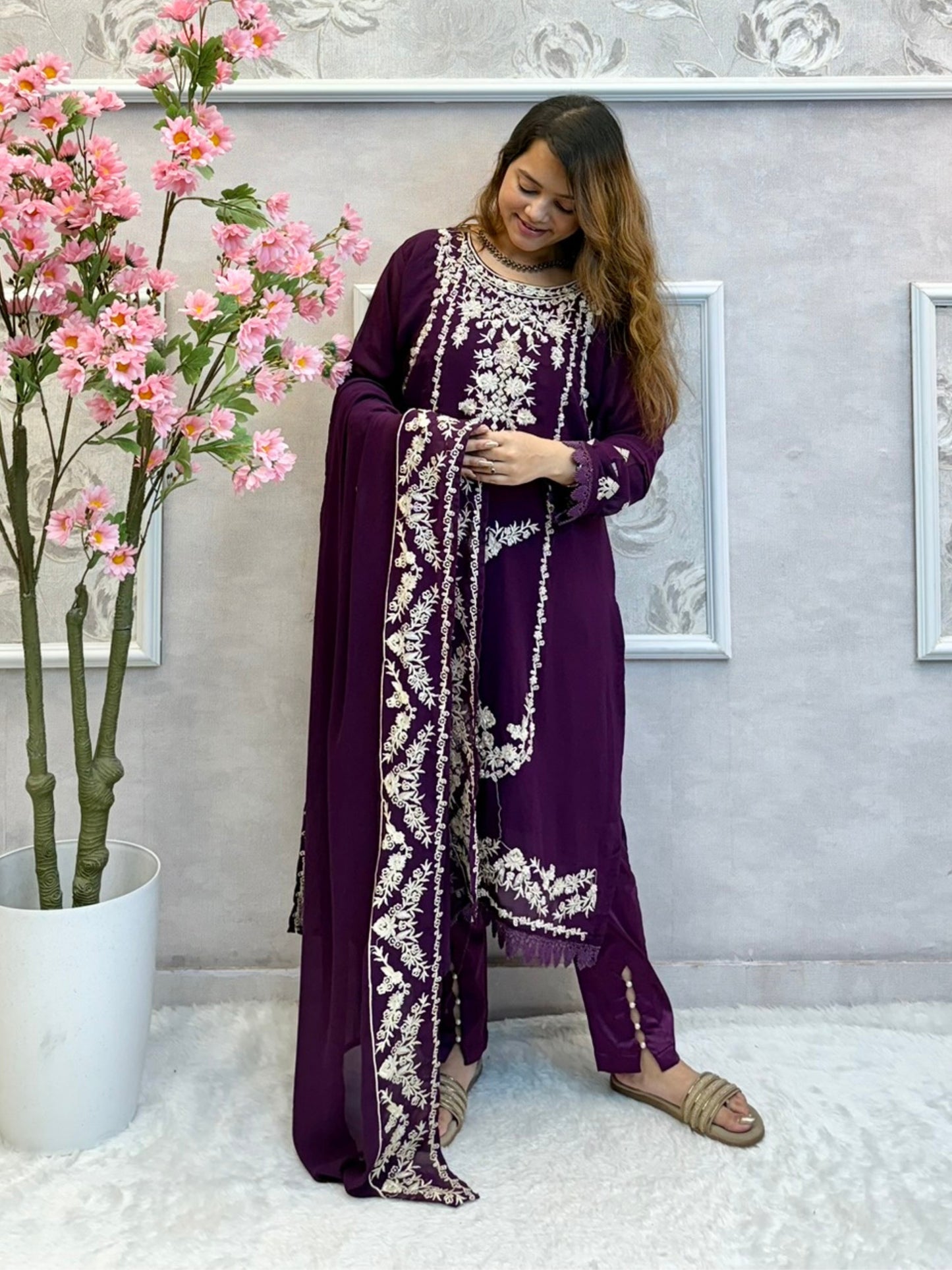 Deep plum georgette kurta set with hand embroidery, satin pant, and matching dupatta