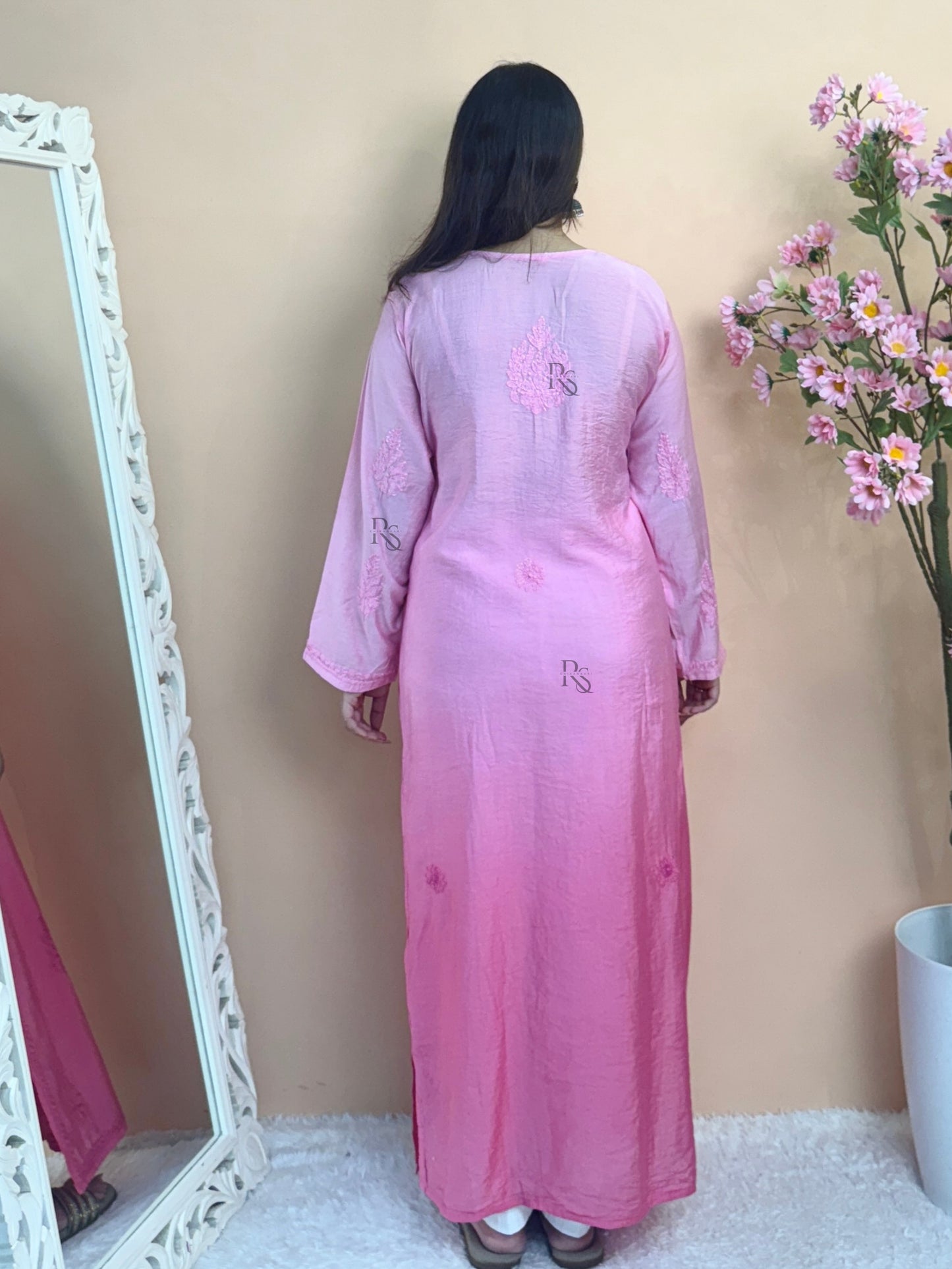 Pink chanderi chikankari kurta with bakhiya hand embroidery, Lucknow craft