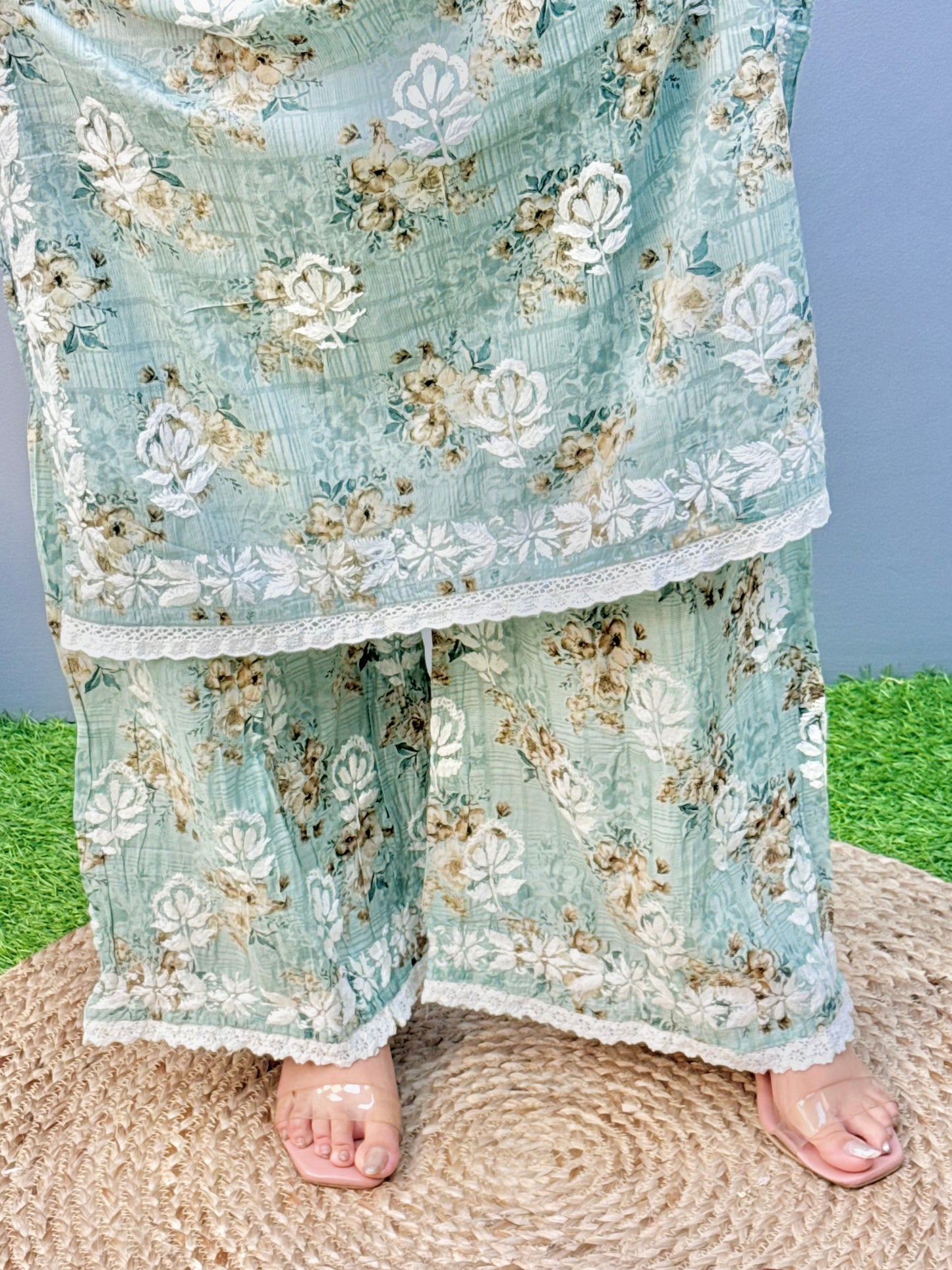 Mint green floral mulmul chikankari kurta and palazzo set with lace detailing