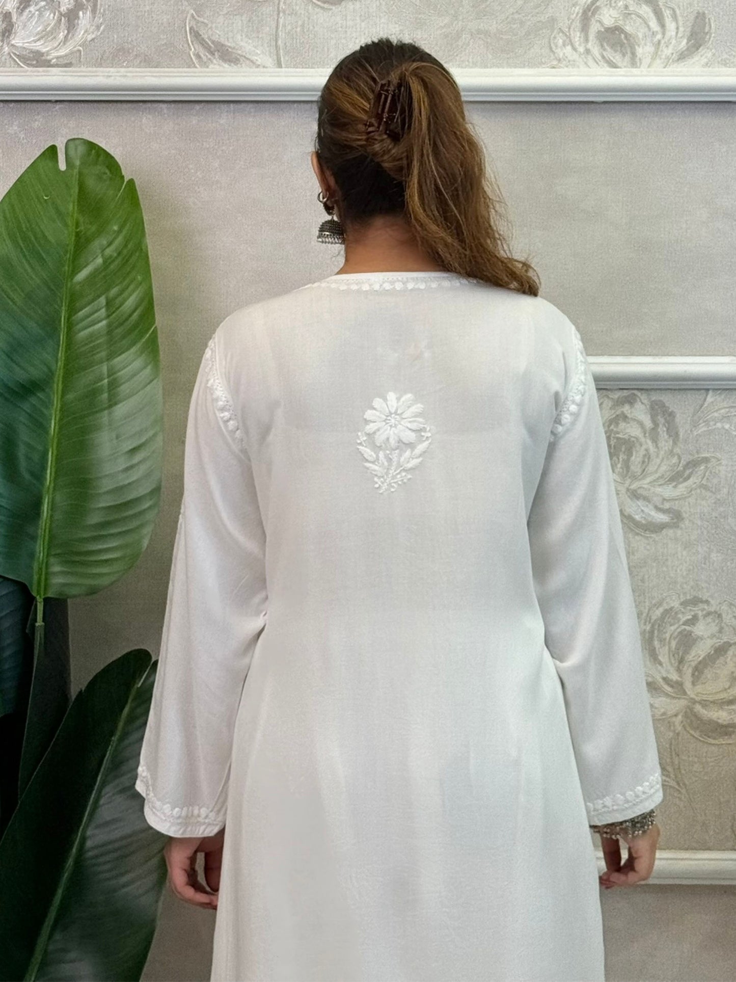 White dyable rayon chikankari kurta and Afghani pant set with hand embroidery