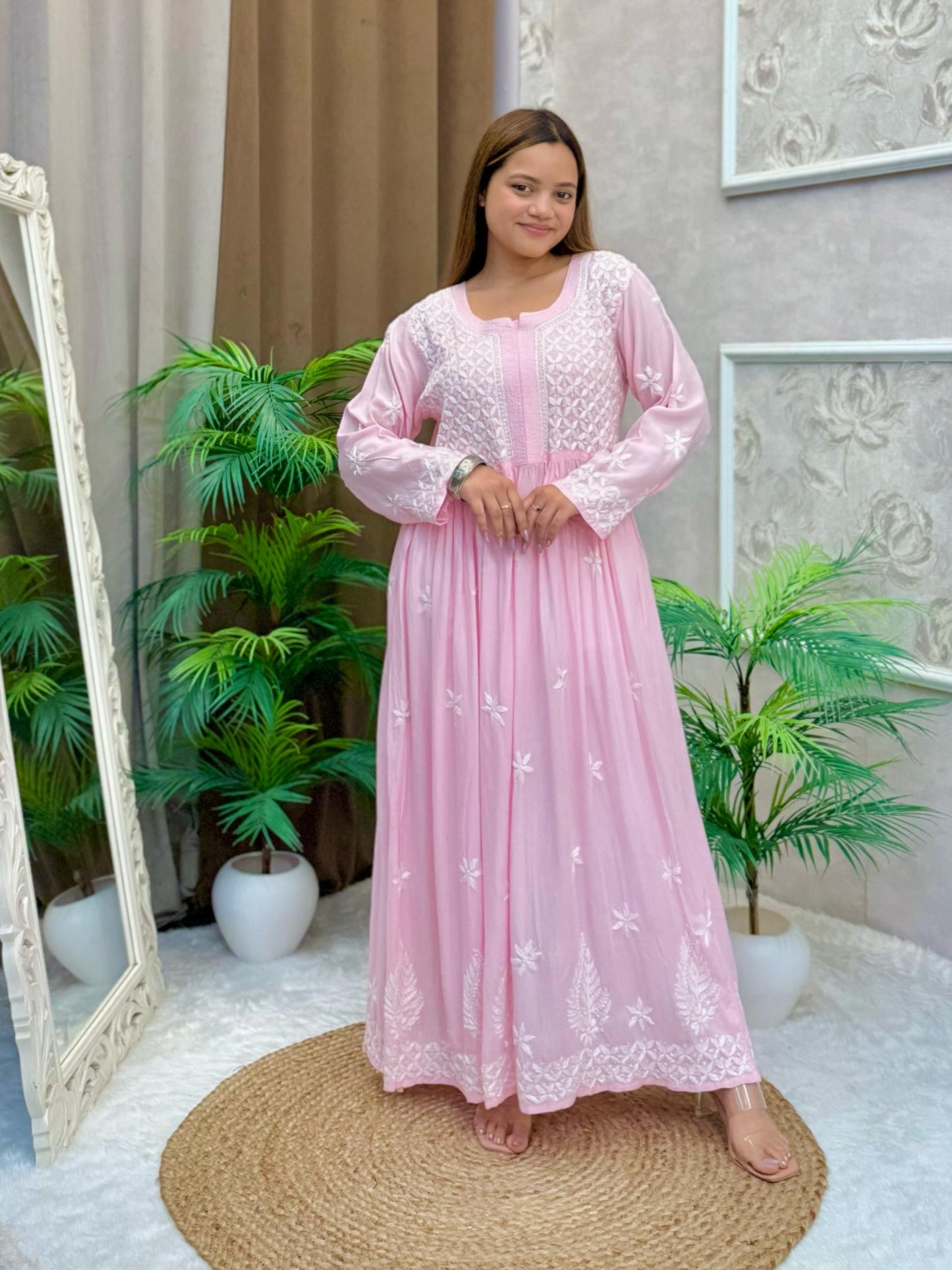 Baby pink modal Lucknow Chikankari long frock kurta with delicate hand embroidery