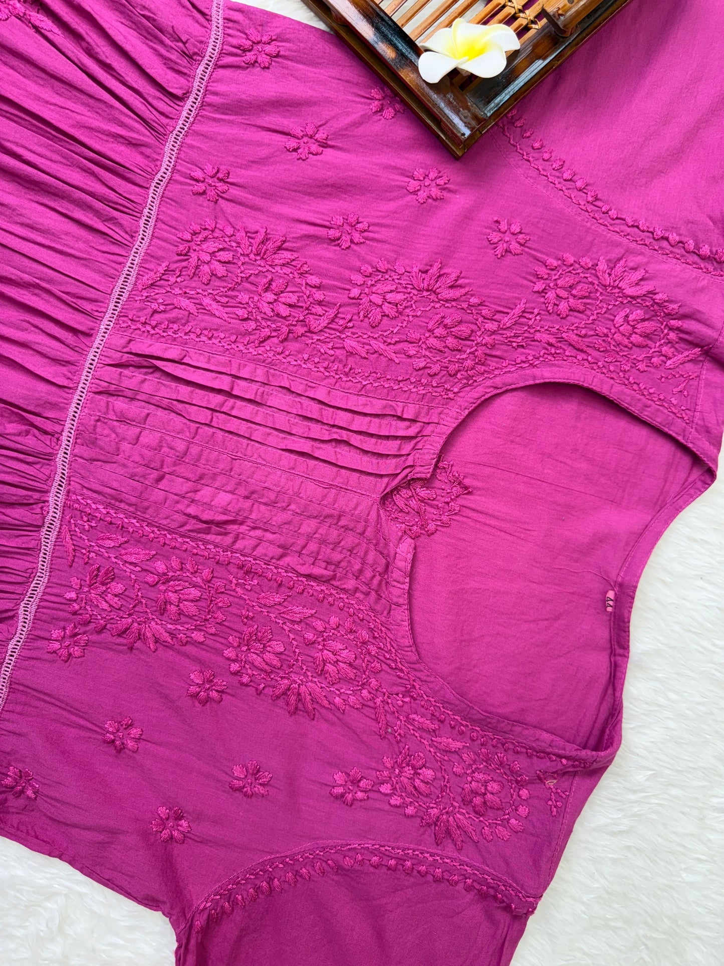Magenta cotton short flair chikankari kurta with non-stretch pant and hand embroidery