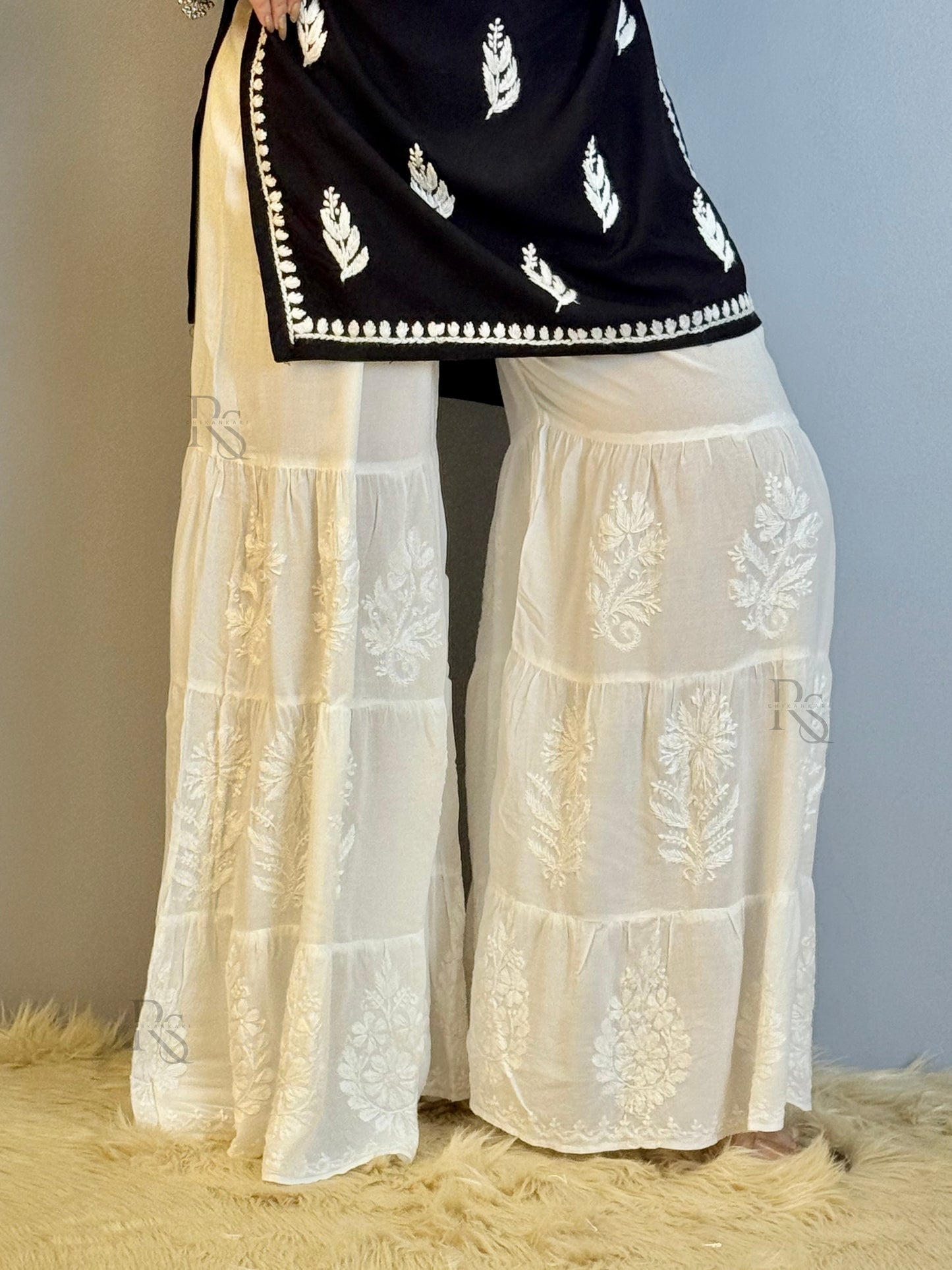White modal 3-step sharara with hand Chikankari embroidery – bottom wear