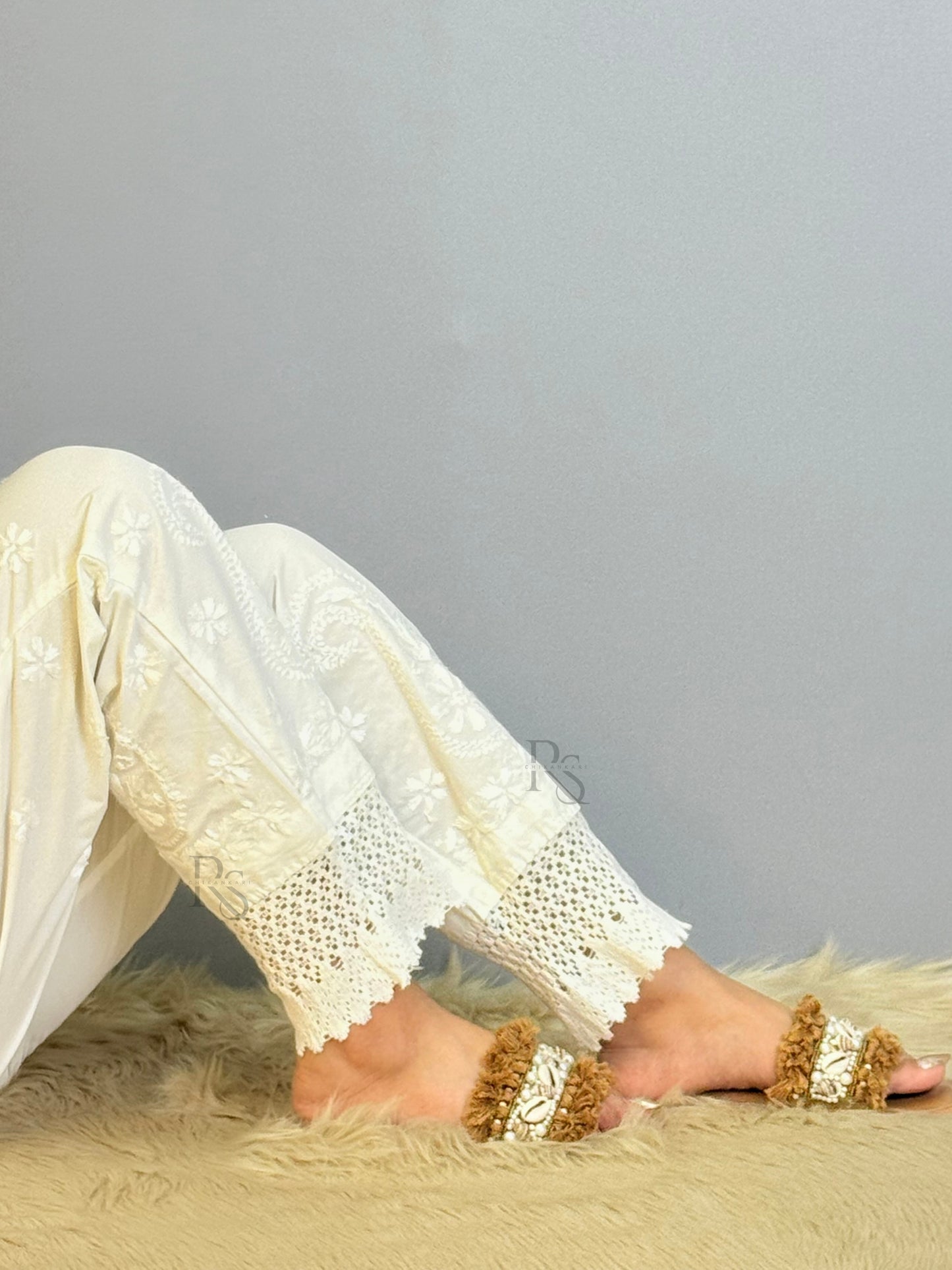 White cotton chikankari pant with lace hem and delicate hand embroidery
