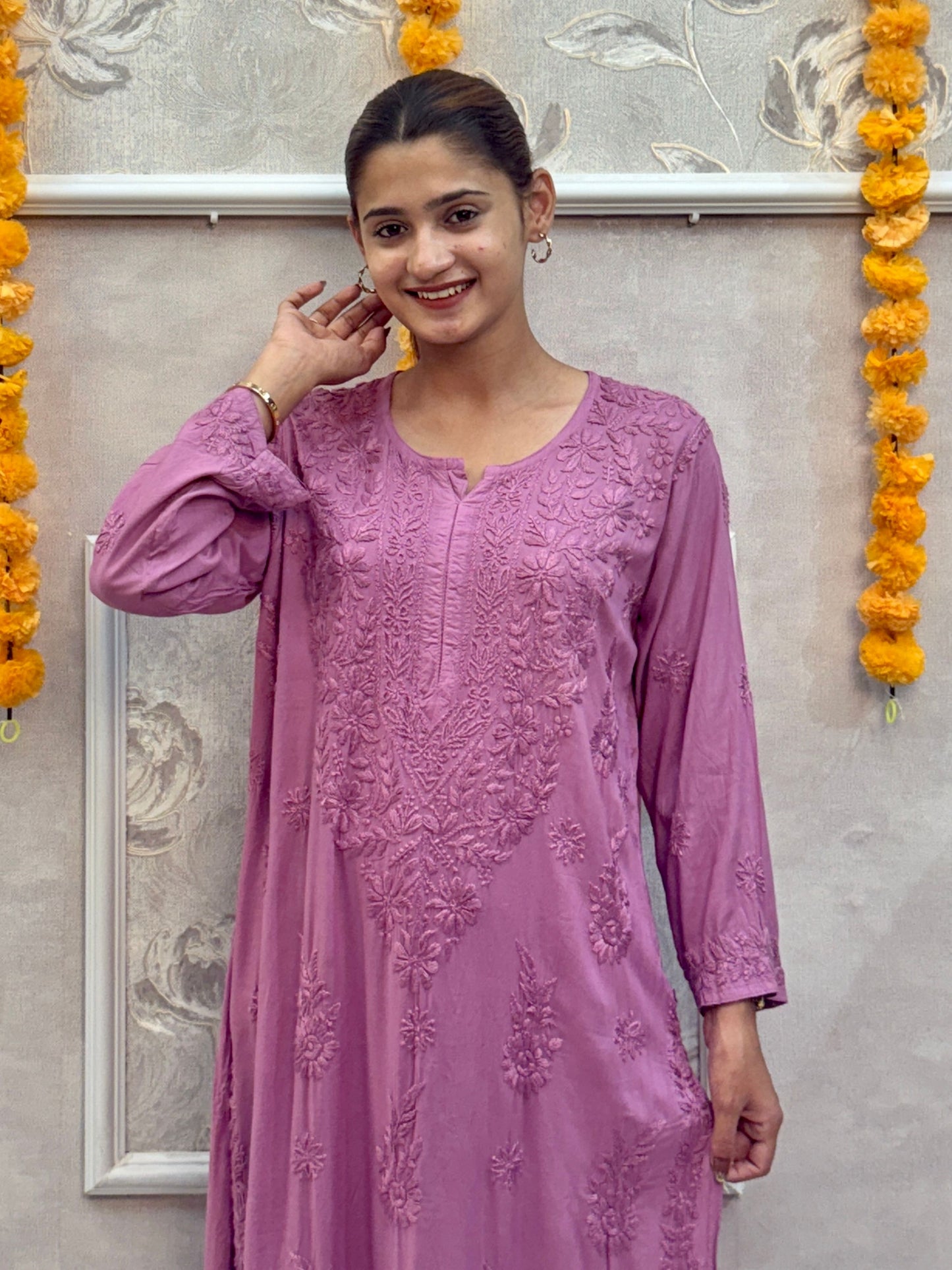 Mauve modal chikankari kurta with hand embroidery, premium quality and soft fabric