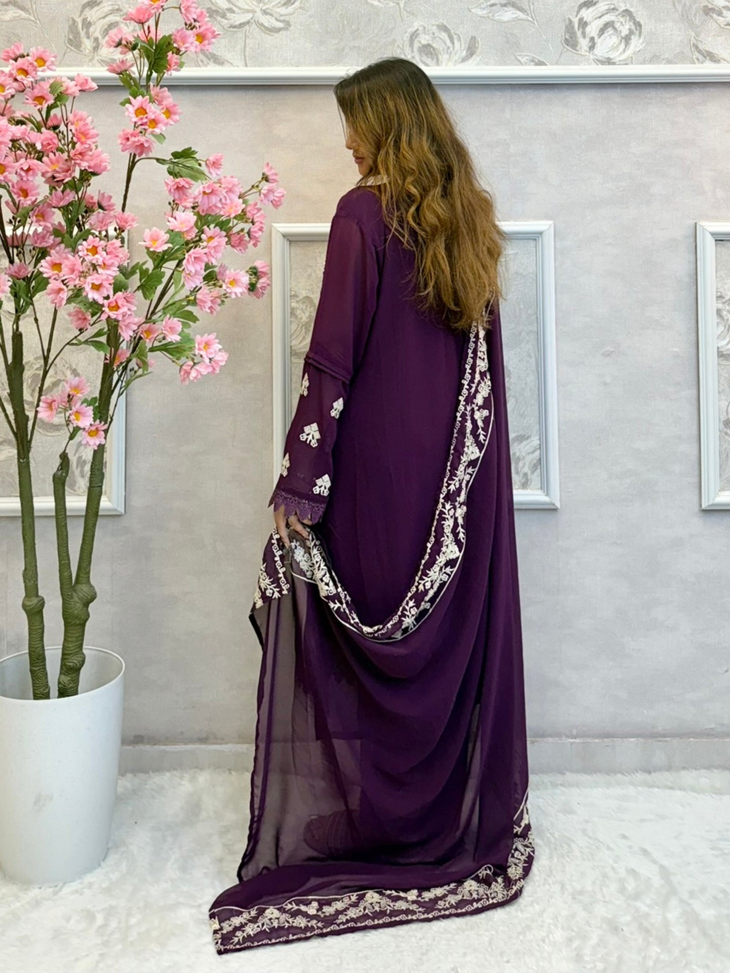 Deep plum georgette kurta set with hand embroidery, satin pant, and matching dupatta