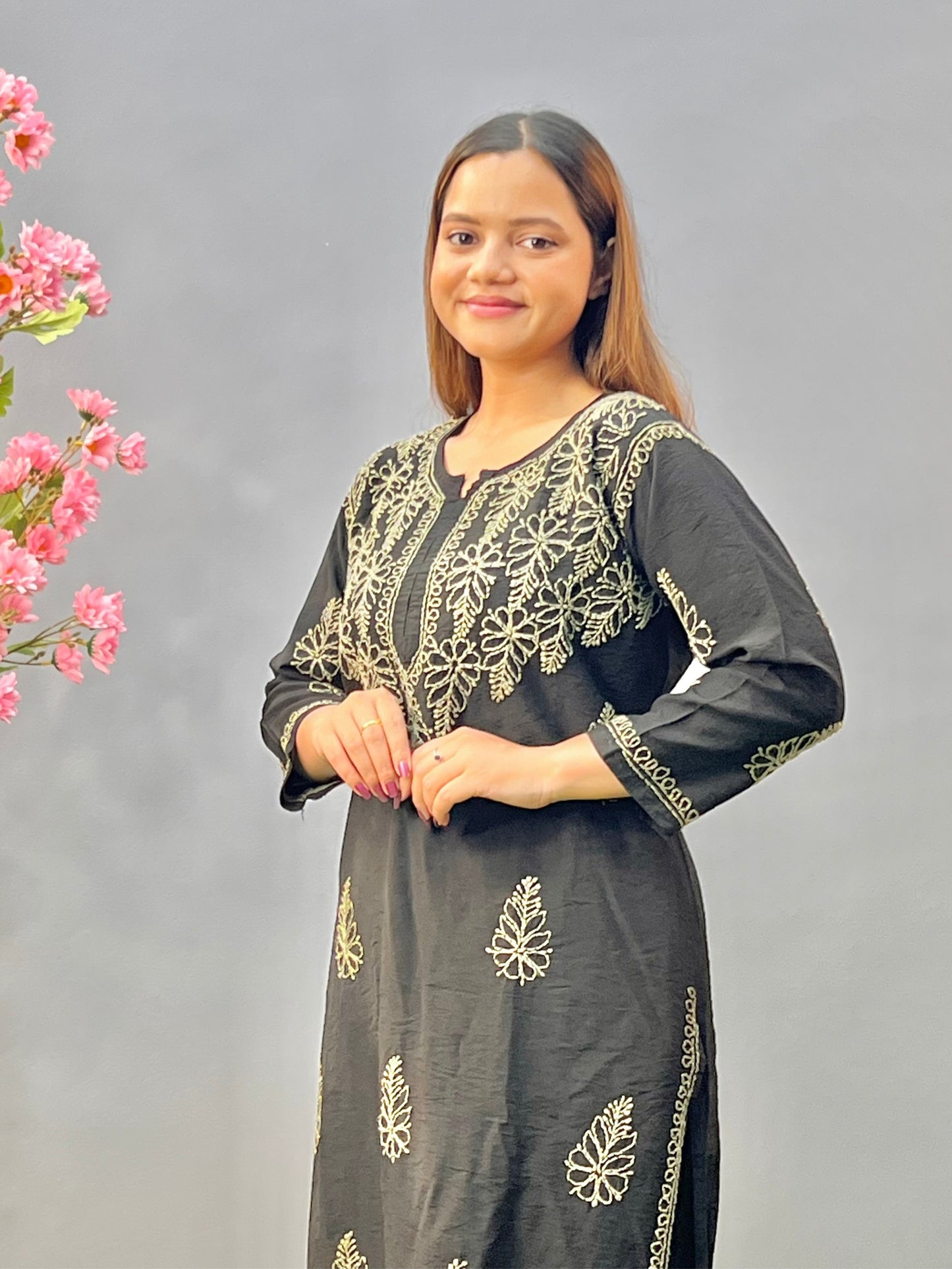 Black chanderi Lucknowi chikankari kurta and pant set with bakhiya embroidery