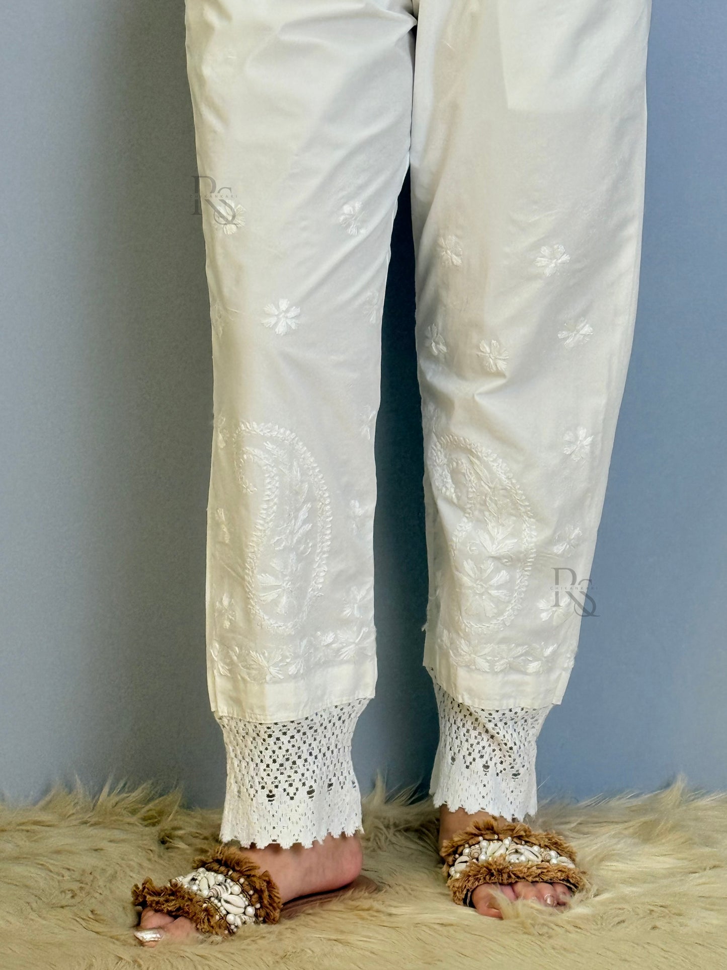 White cotton chikankari pant with lace hem and delicate hand embroidery