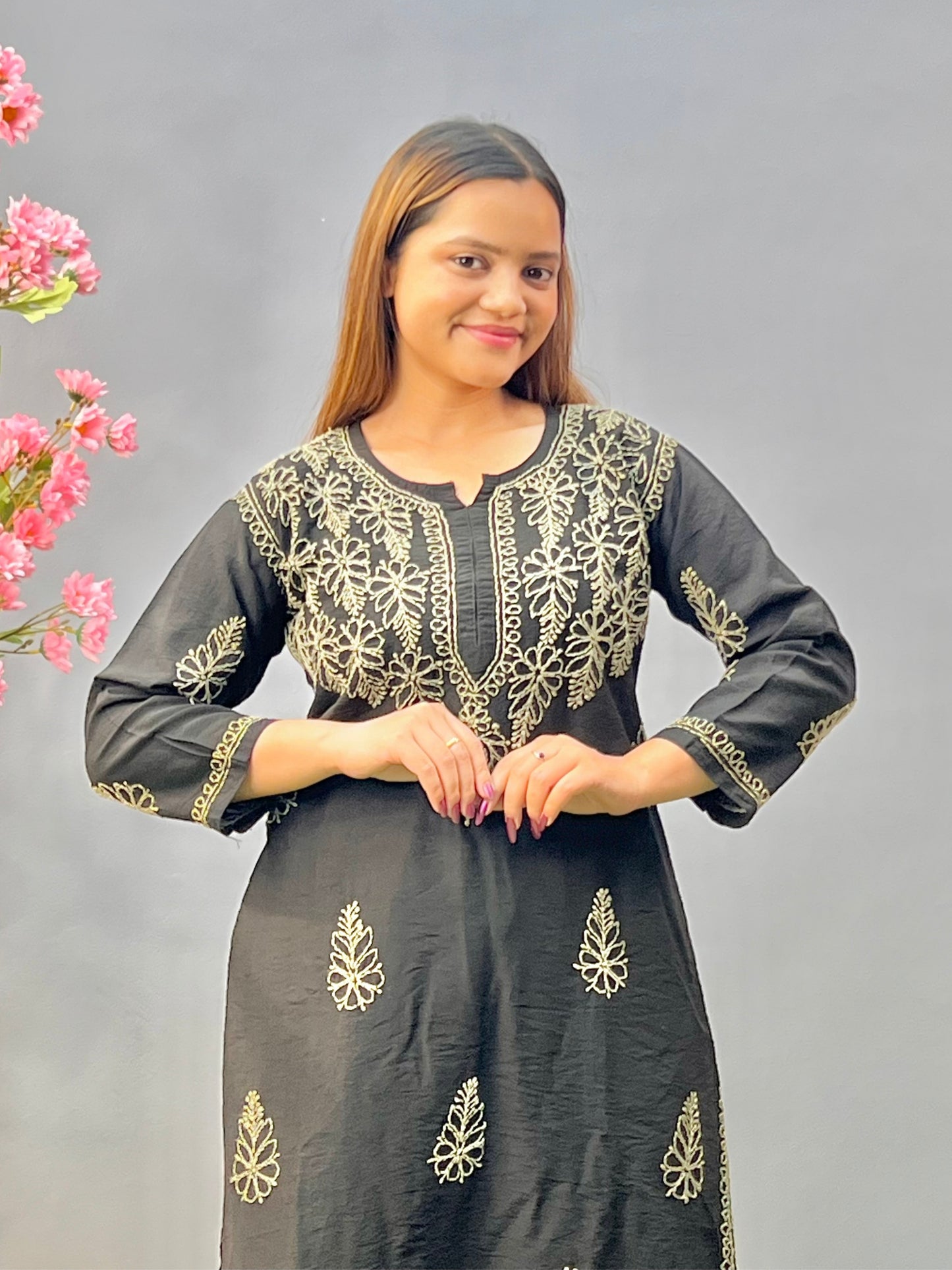 Black chanderi Lucknowi chikankari kurta and pant set with bakhiya embroidery