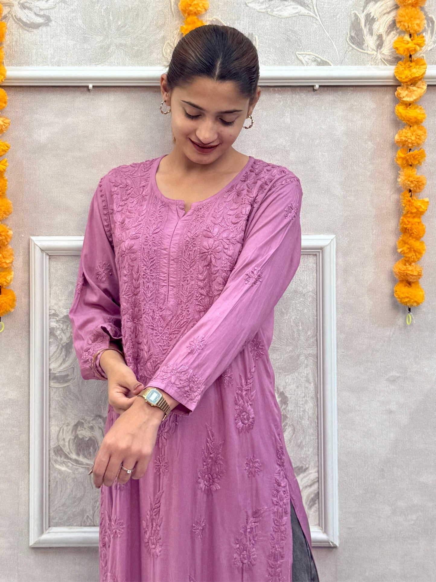 Mauve modal chikankari kurta with hand embroidery, premium quality and soft fabric