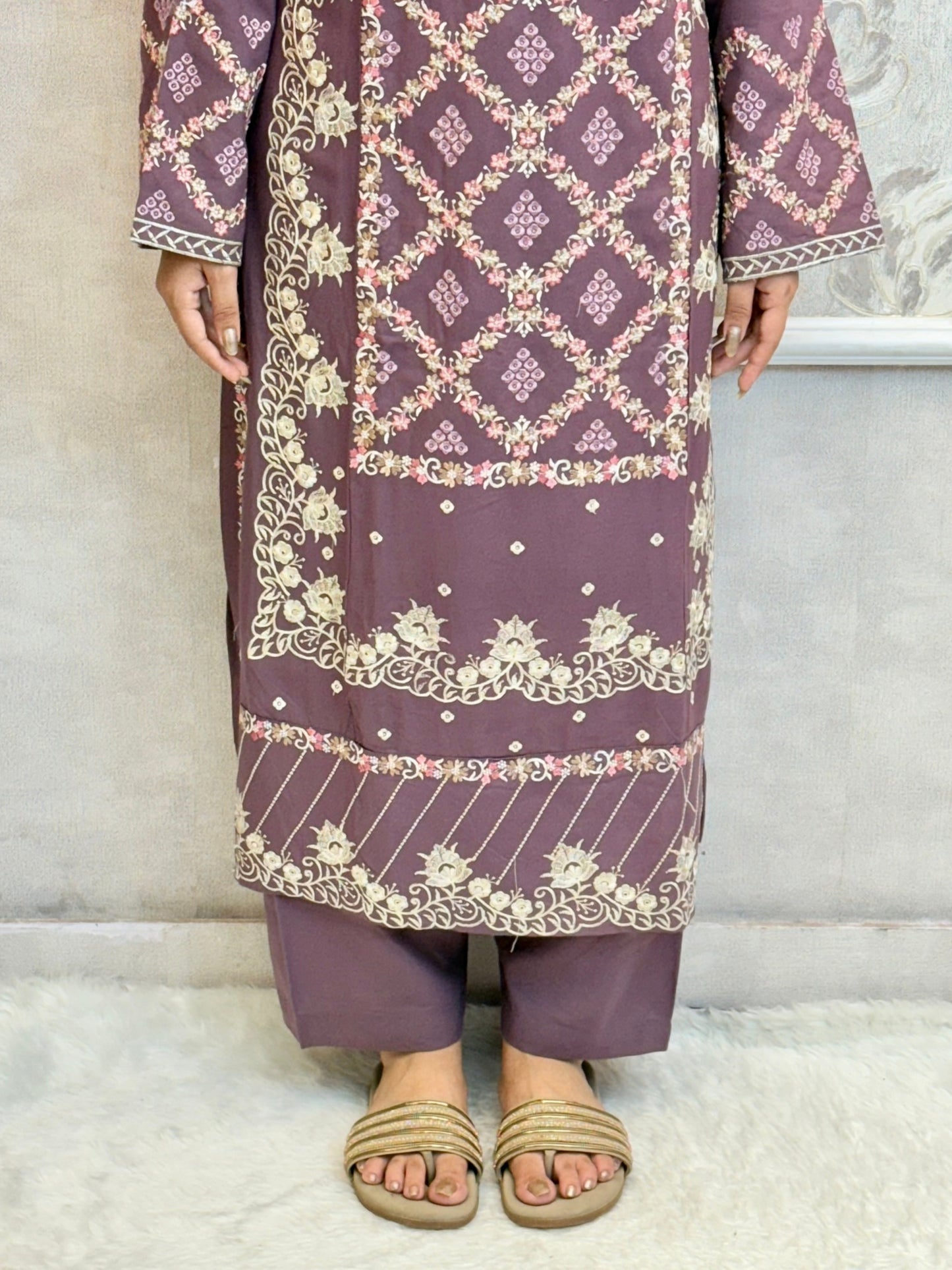 Mauve rayon designer kurta set with floral printed dupatta – elegant festive wear