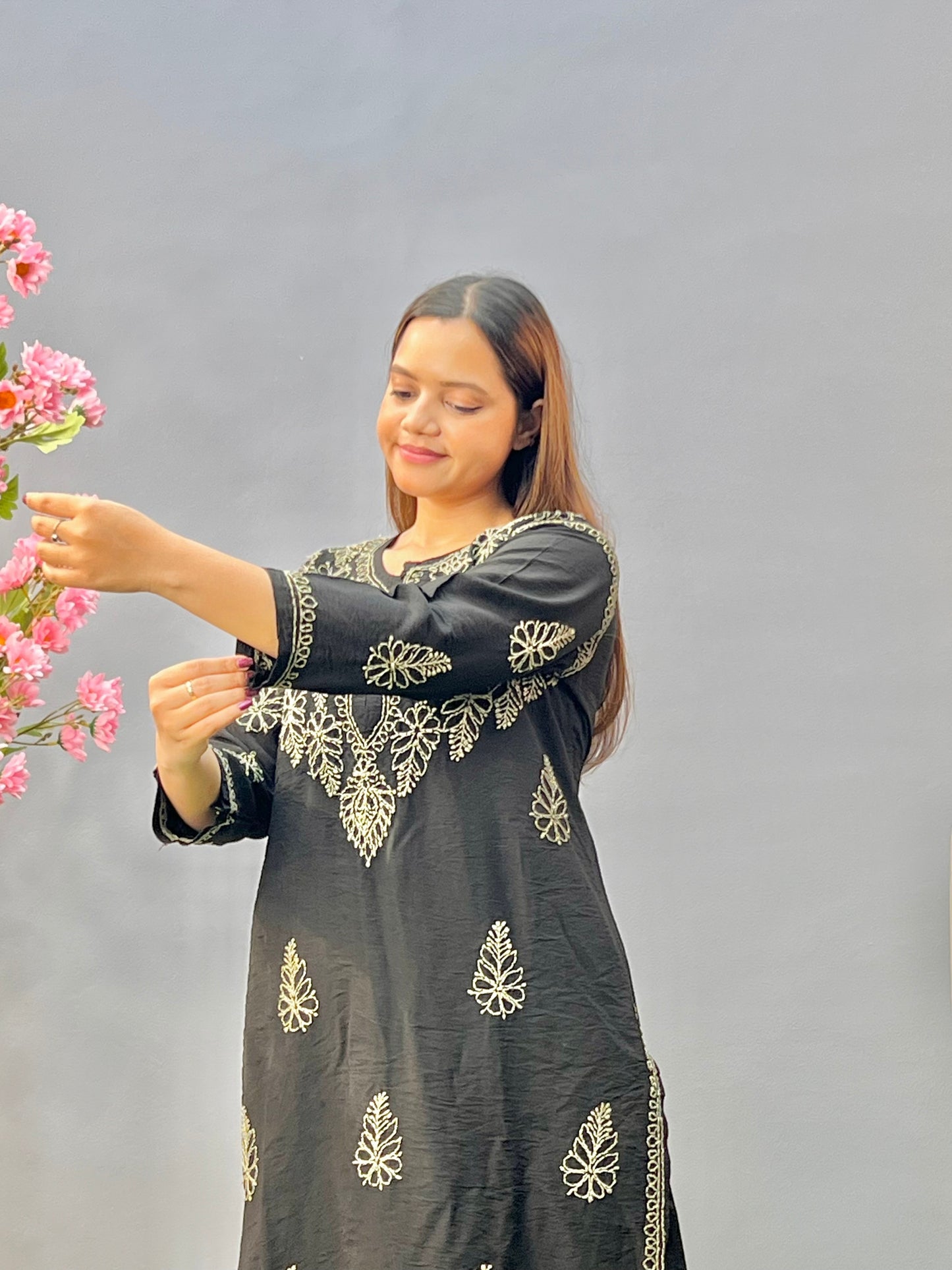 Black chanderi Lucknowi chikankari kurta and pant set with bakhiya embroidery