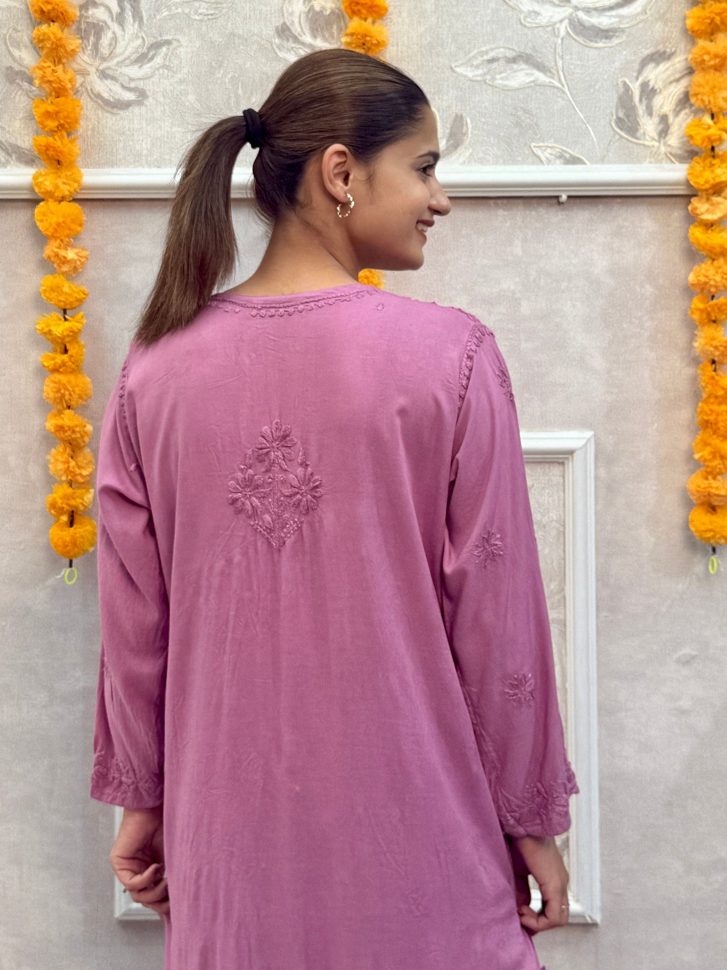Mauve modal chikankari kurta with hand embroidery, premium quality and soft fabric