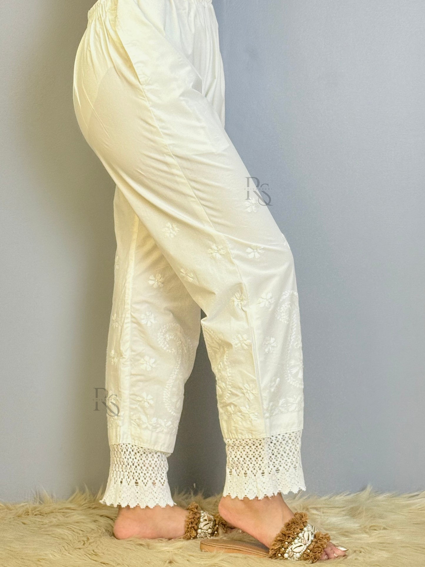 White cotton chikankari pant with lace hem and delicate hand embroidery