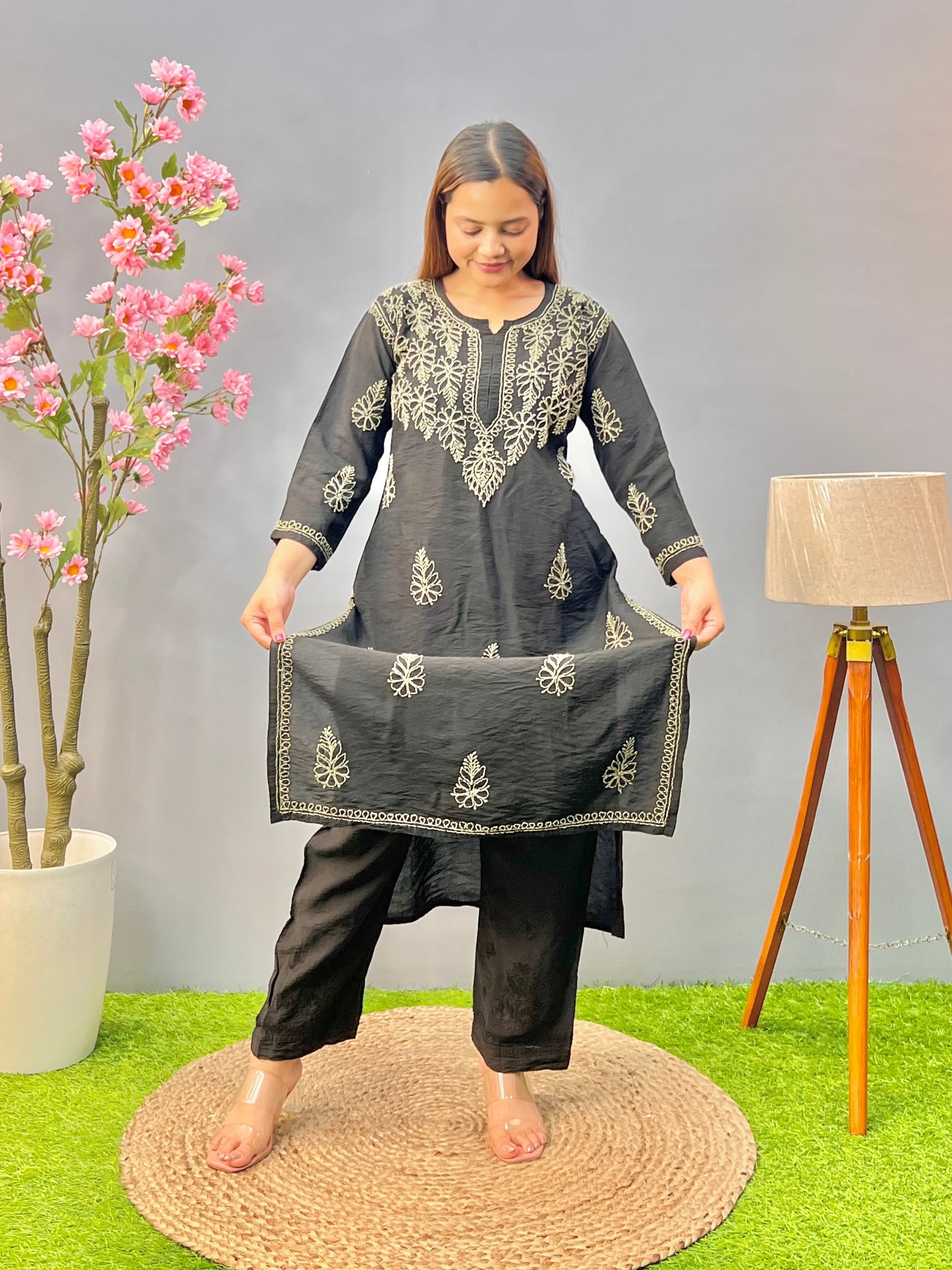 Black chanderi Lucknowi chikankari kurta and pant set with bakhiya embroidery