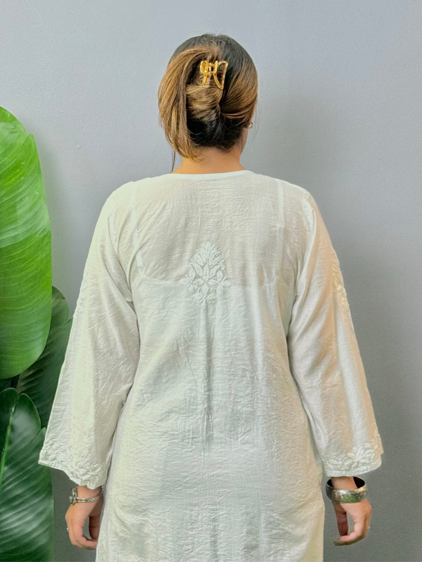 White Chanderi Lucknow Chikankari hand-embroidered kurta, soft & comfortable, dyable fabric
