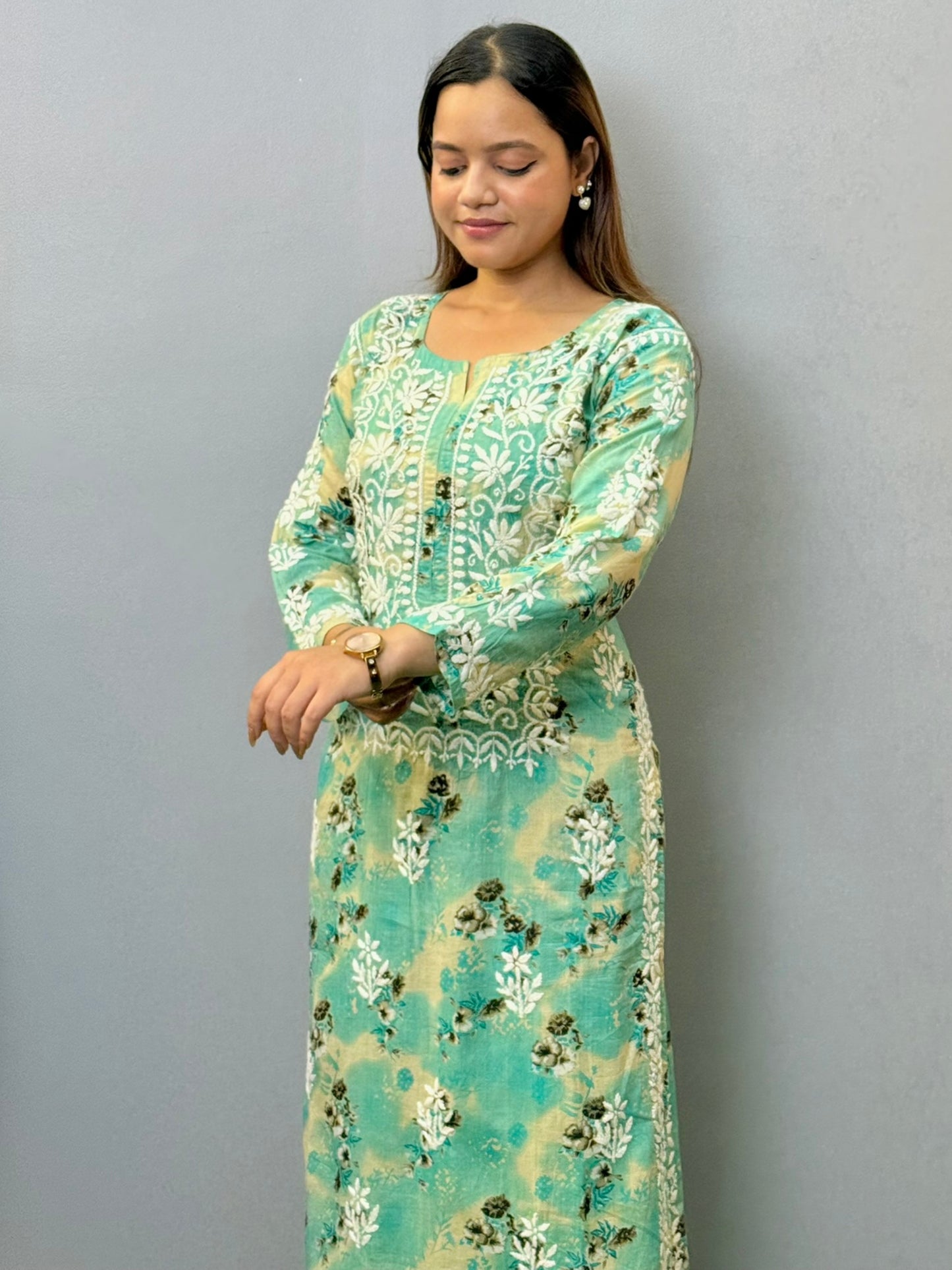 Aqua green printed mulmul chikankari kurta palazzo set with hand embroidery