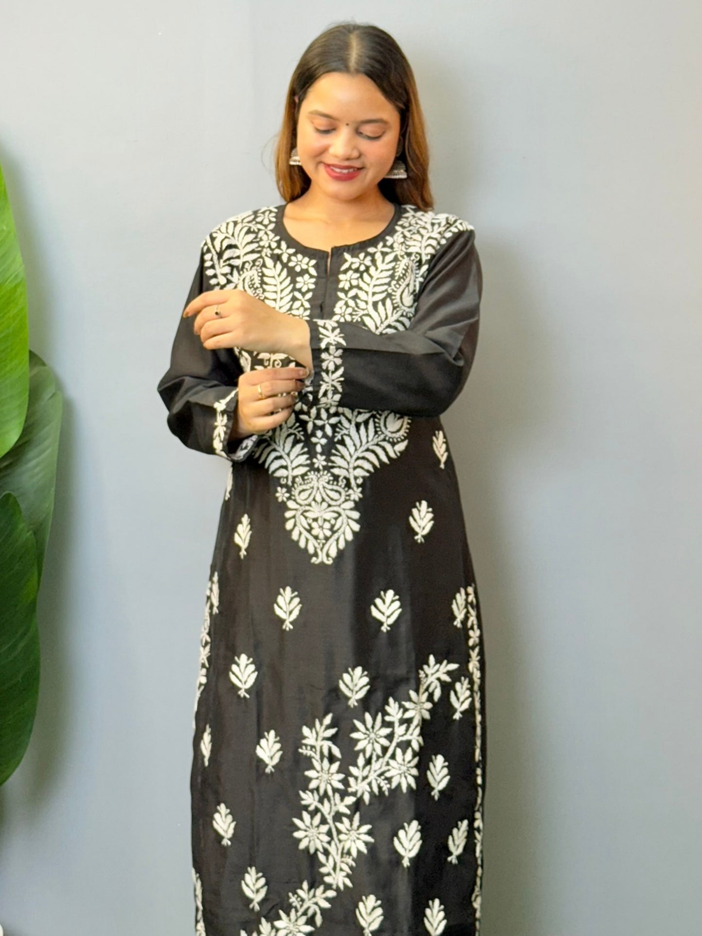 Black Lucknow chikankari chanderi kurta and palazzo set with white hand embroidery