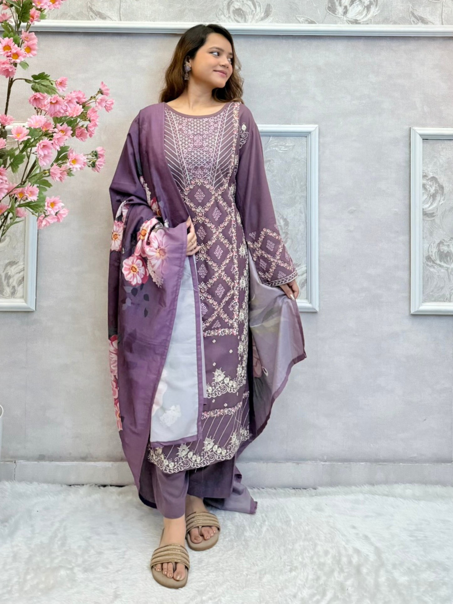 Mauve rayon designer kurta set with floral printed dupatta – elegant festive wear
