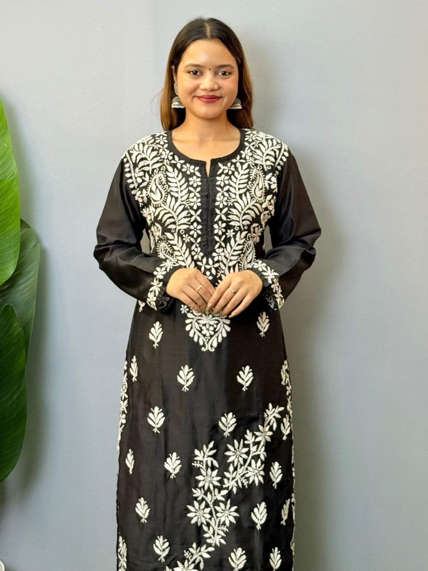 Black Lucknow chikankari chanderi kurta and palazzo set with white hand embroidery