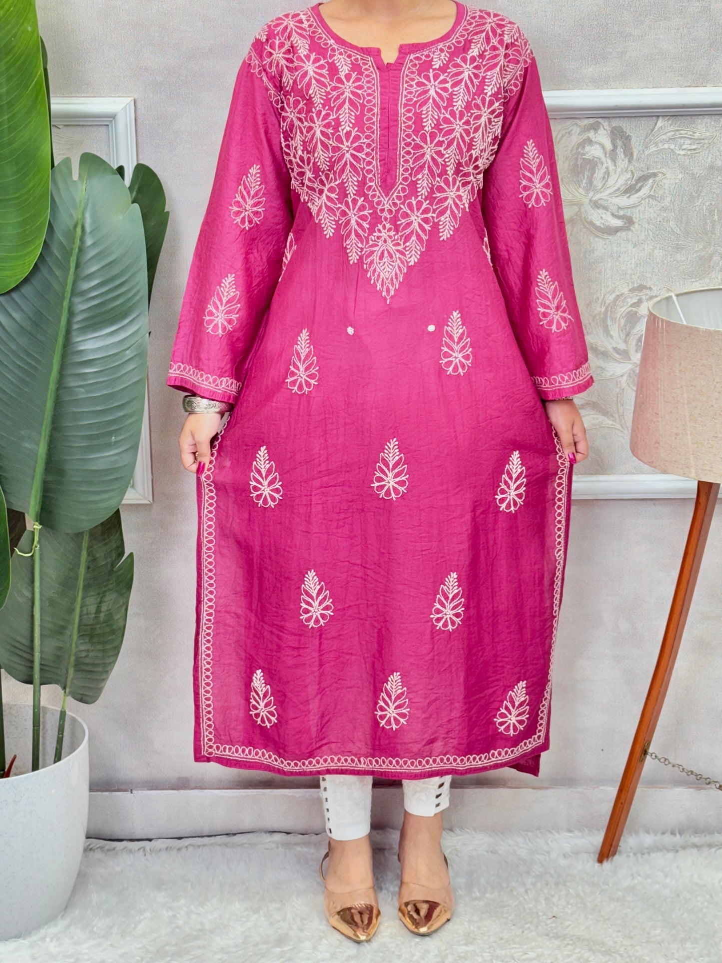 Wine Pink Chanderi Lucknow Chikankari Kurta with Bakhiya Embroidery – R S Chikankari