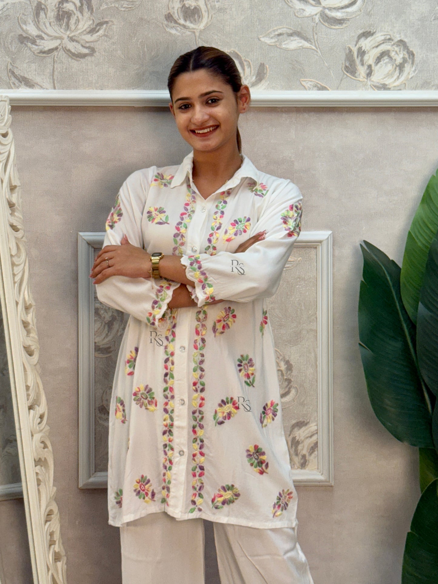 White rayon Lucknow Chikankari kurta and palazzo set with multi-color thread hand embroidery