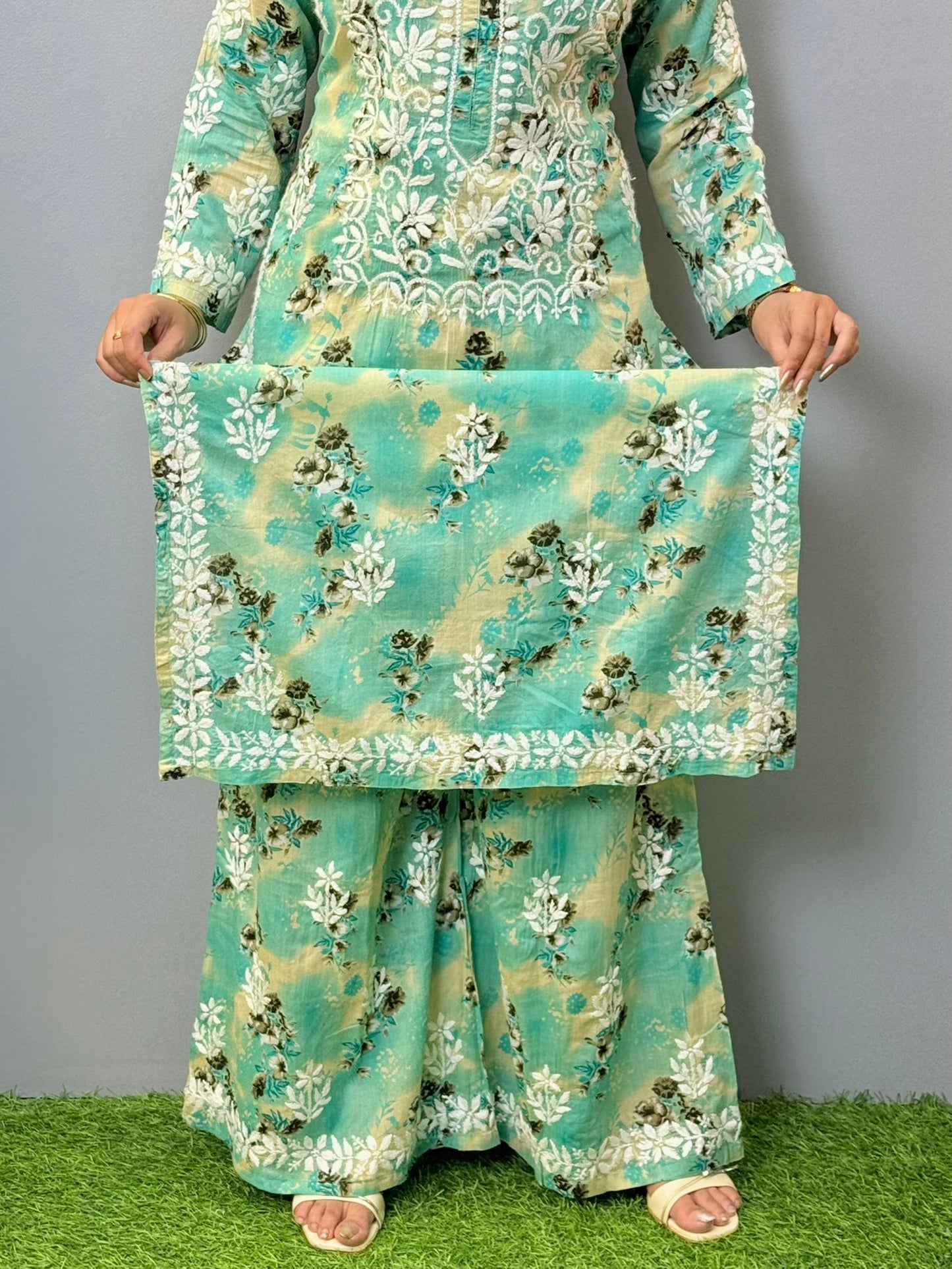 Aqua green printed mulmul chikankari kurta palazzo set with hand embroidery