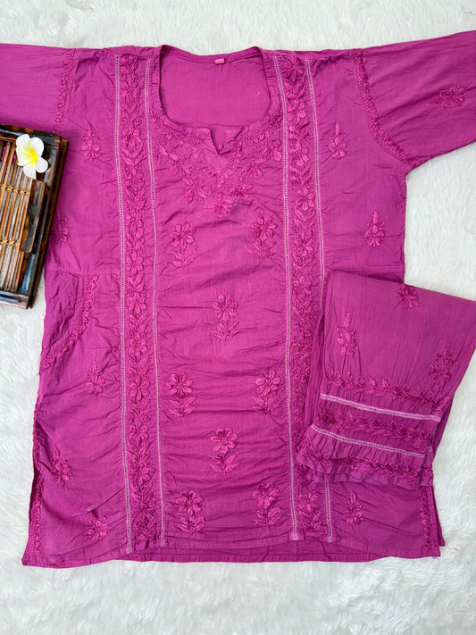 Magenta cotton chikankari short kurta with matching pant set and hand embroidery