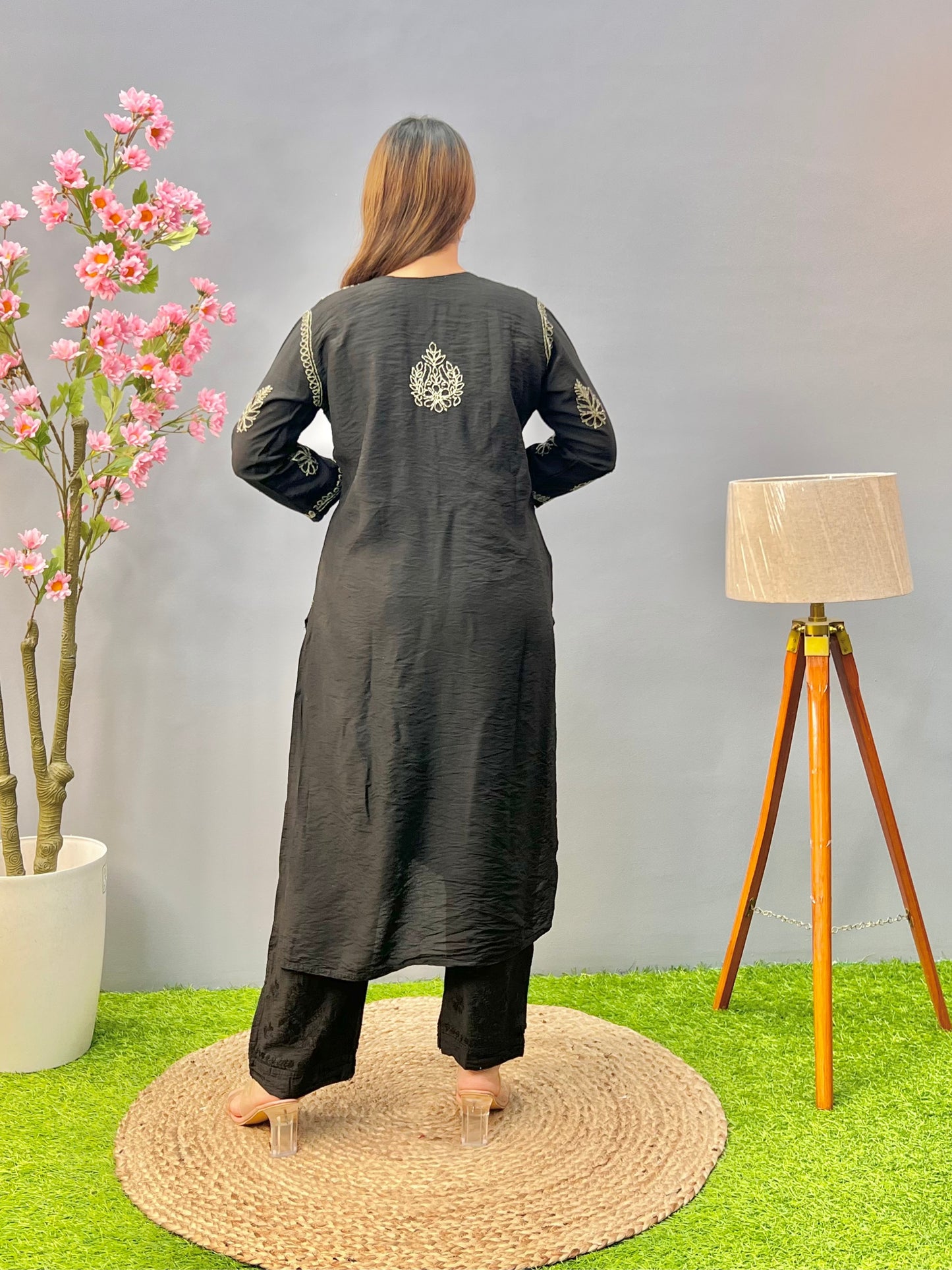 Black chanderi Lucknowi chikankari kurta and pant set with bakhiya embroidery