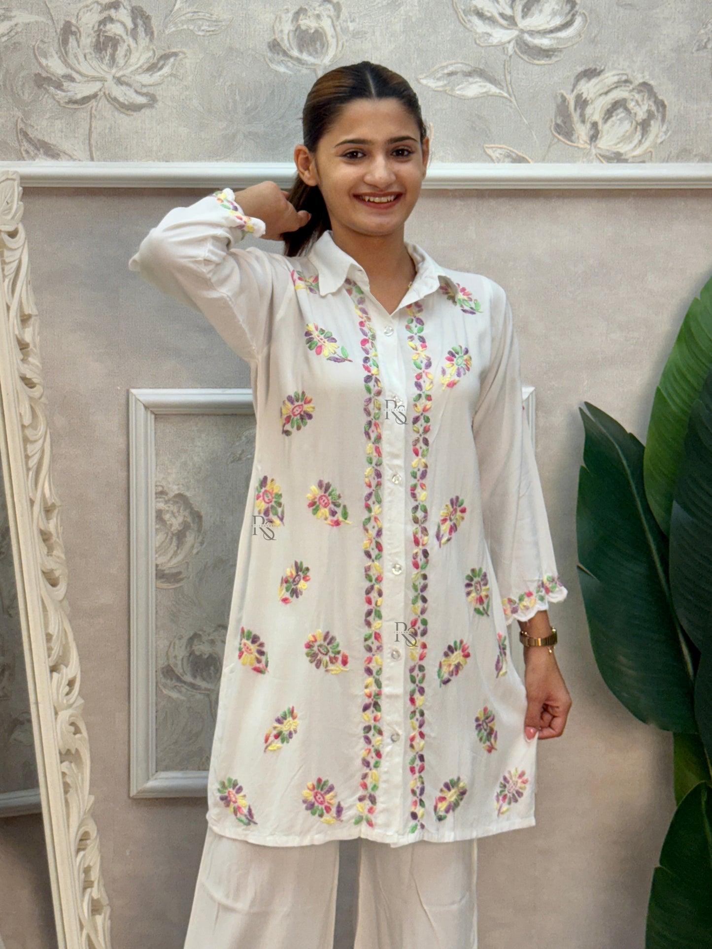 White rayon Lucknow Chikankari kurta and palazzo set with multi-color thread hand embroidery