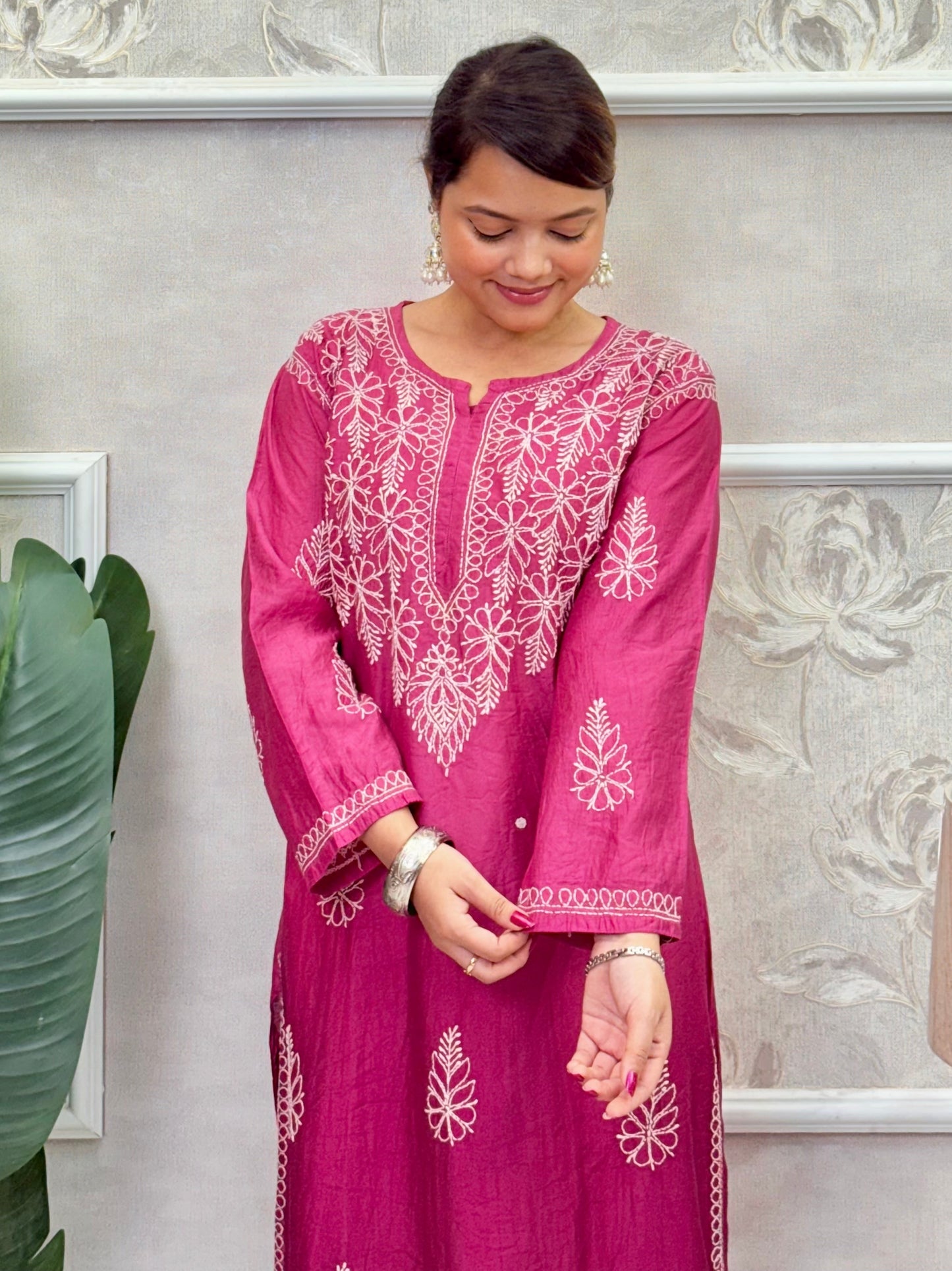 Wine Pink Chanderi Lucknow Chikankari Kurta with Bakhiya Embroidery – R S Chikankari