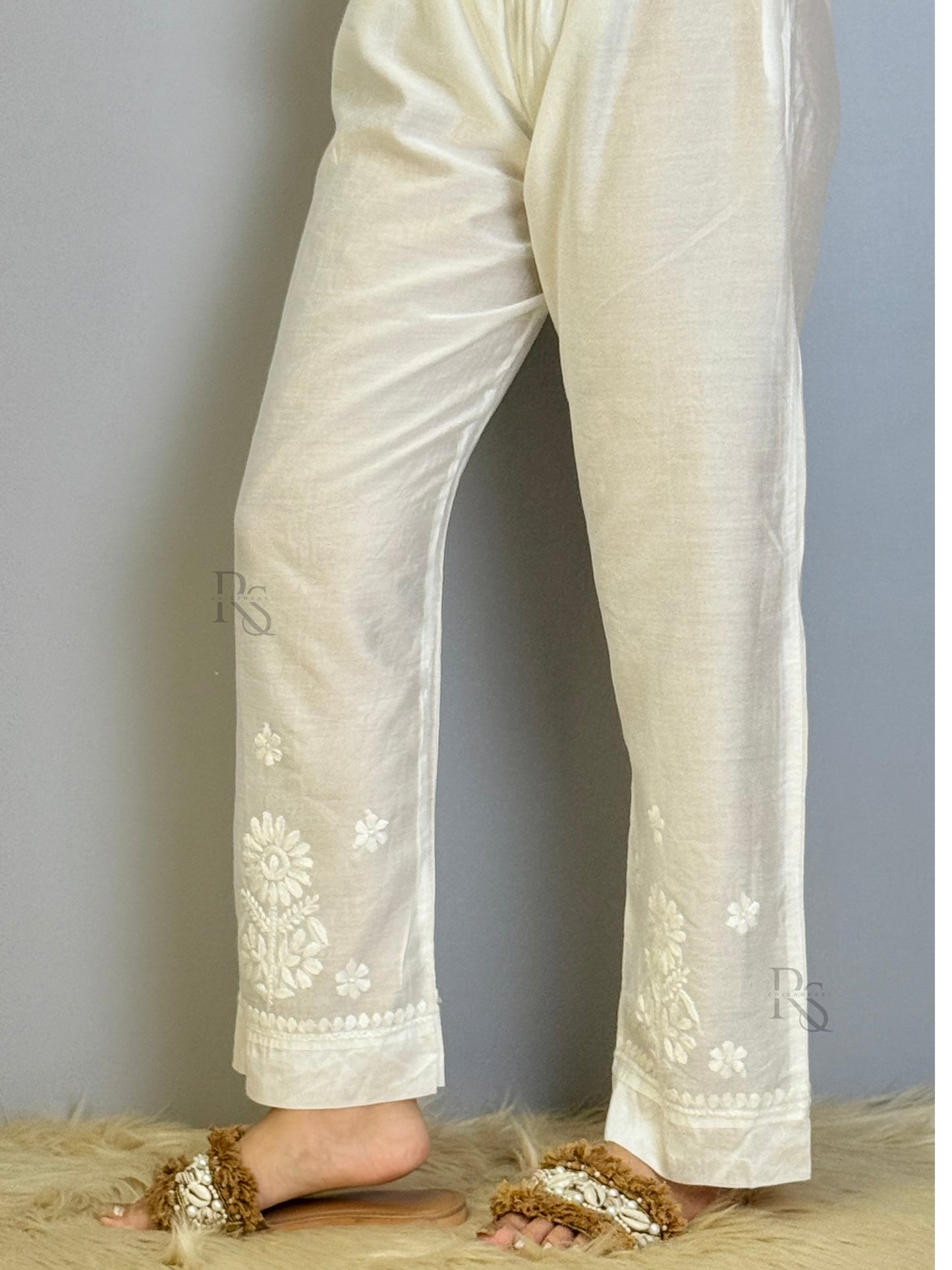 White chanderi chikankari bottom with floral embroidery and side pocket
