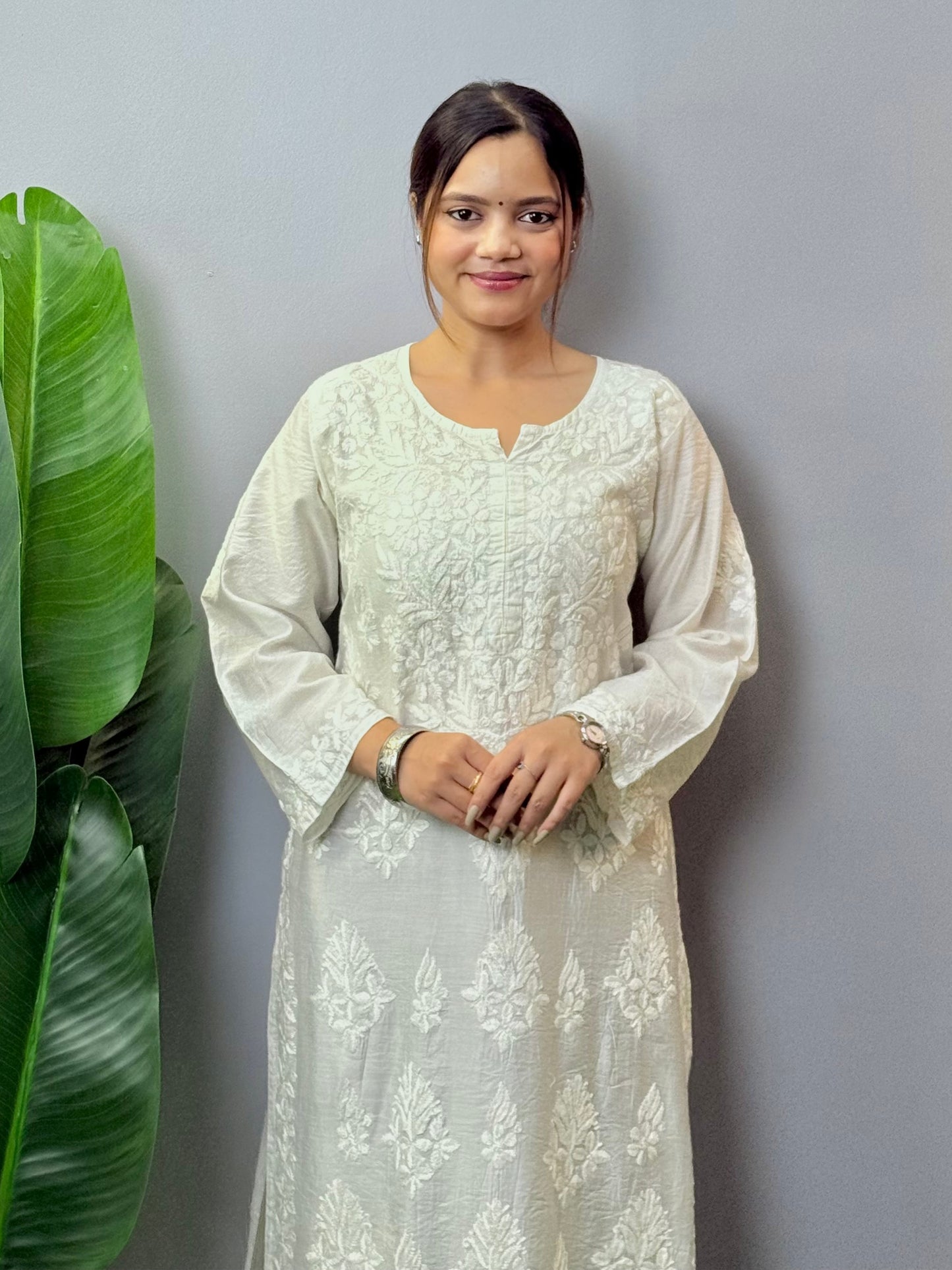 White Chanderi Lucknow Chikankari hand-embroidered kurta, soft & comfortable, dyable fabric