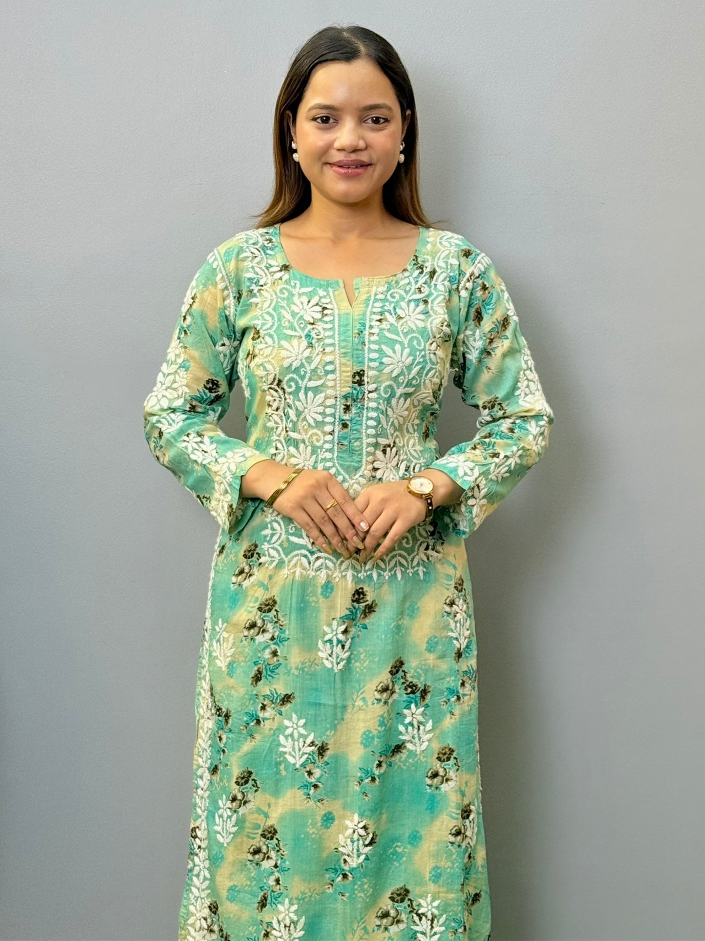 Aqua green printed mulmul chikankari kurta palazzo set with hand embroidery