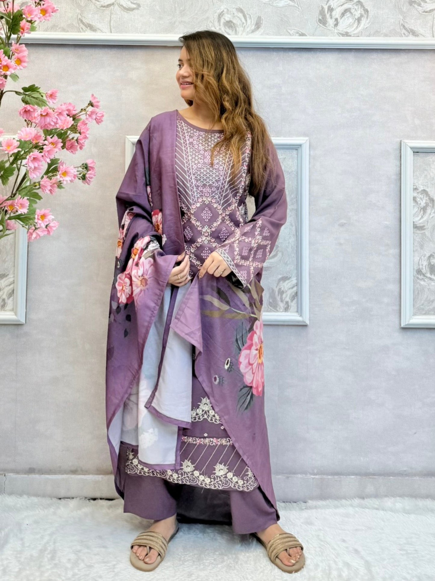 Mauve rayon designer kurta set with floral printed dupatta – elegant festive wear
