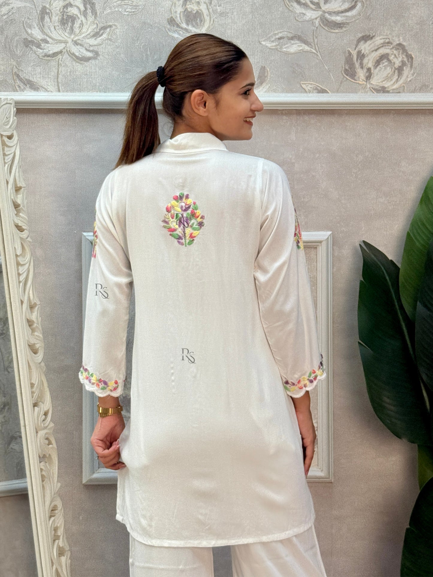 White rayon Lucknow Chikankari kurta and palazzo set with multi-color thread hand embroidery