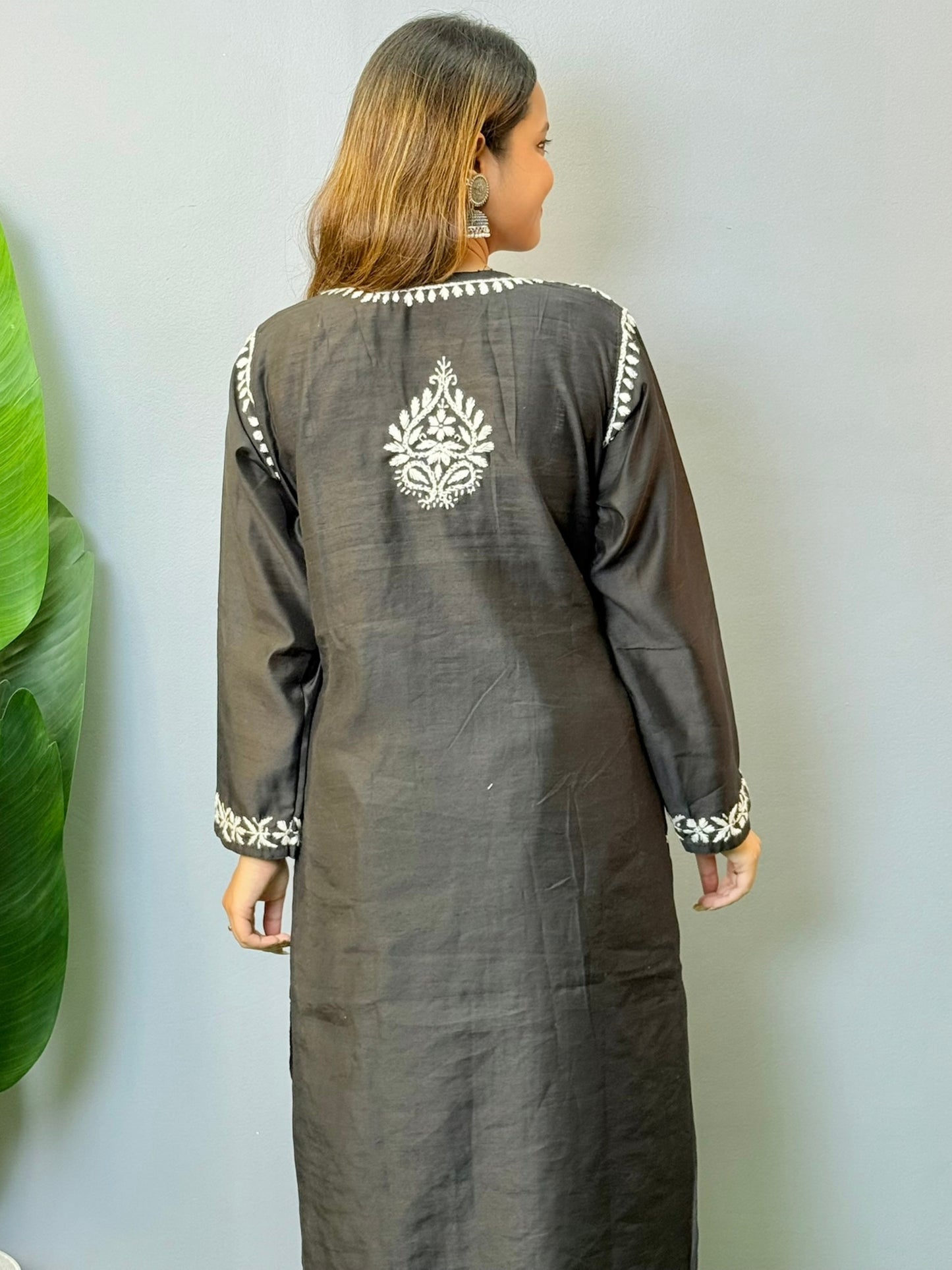 Black Lucknow chikankari chanderi kurta and palazzo set with white hand embroidery
