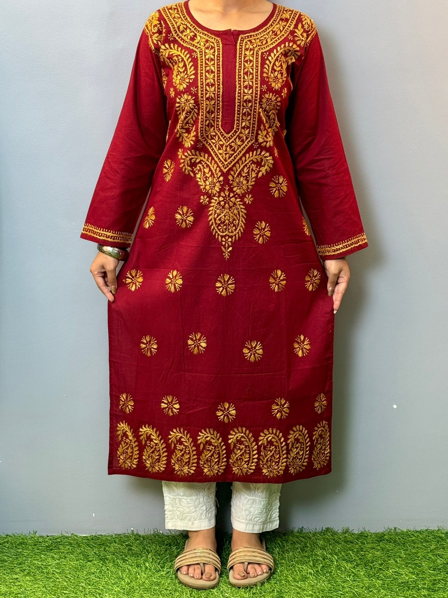 Maroon cotton Lucknowi Chikankari kurta with mustard hand embroidery for casual wear