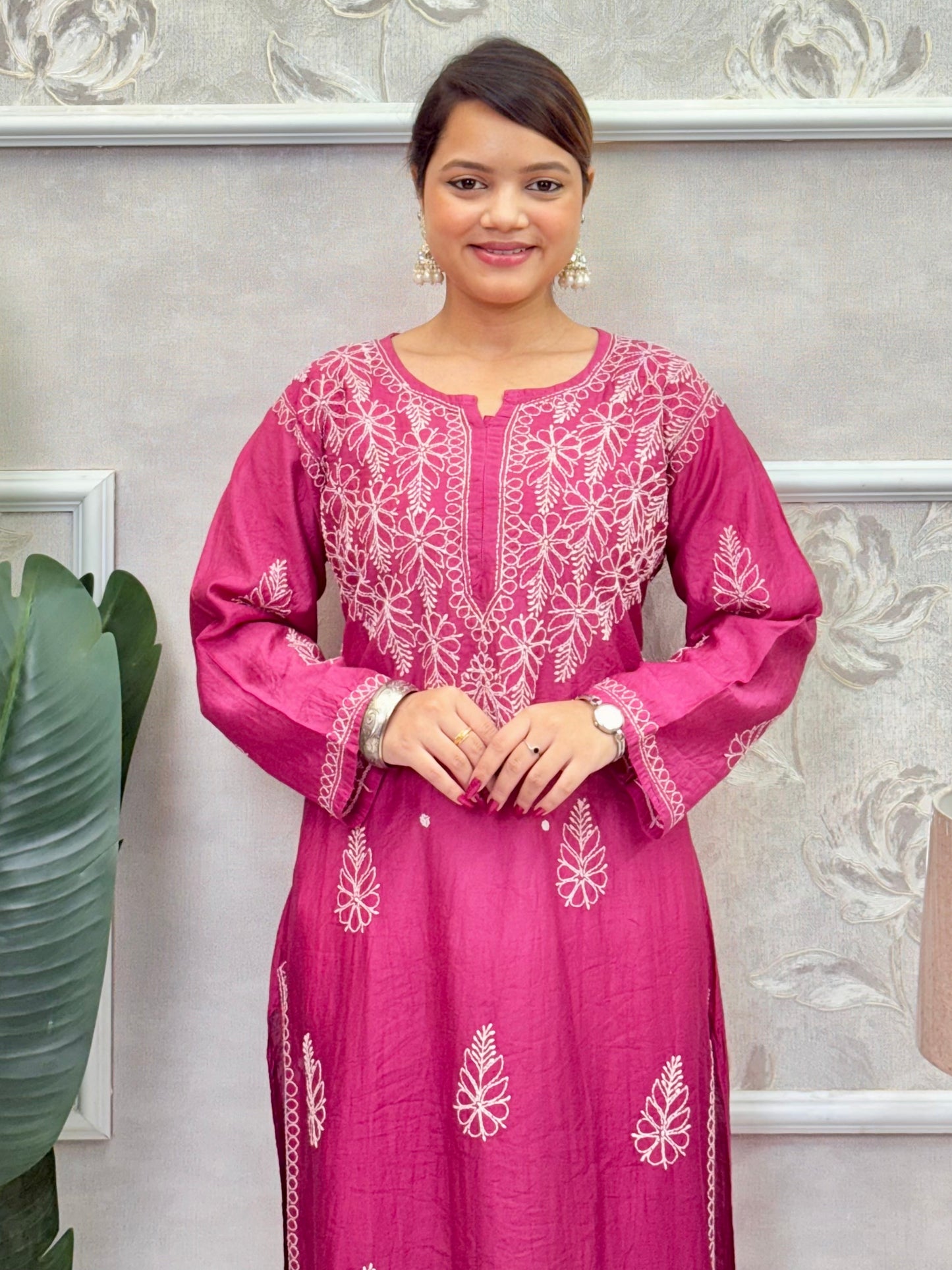 Wine Pink Chanderi Lucknow Chikankari Kurta with Bakhiya Embroidery – R S Chikankari