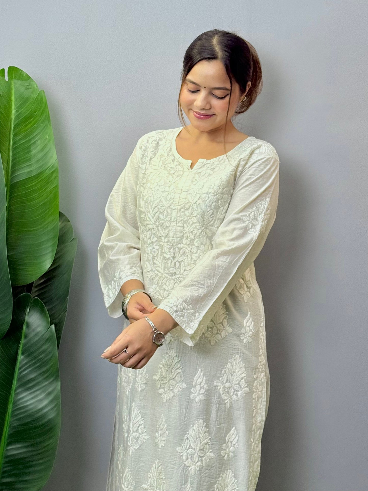 White Chanderi Lucknow Chikankari hand-embroidered kurta, soft & comfortable, dyable fabric