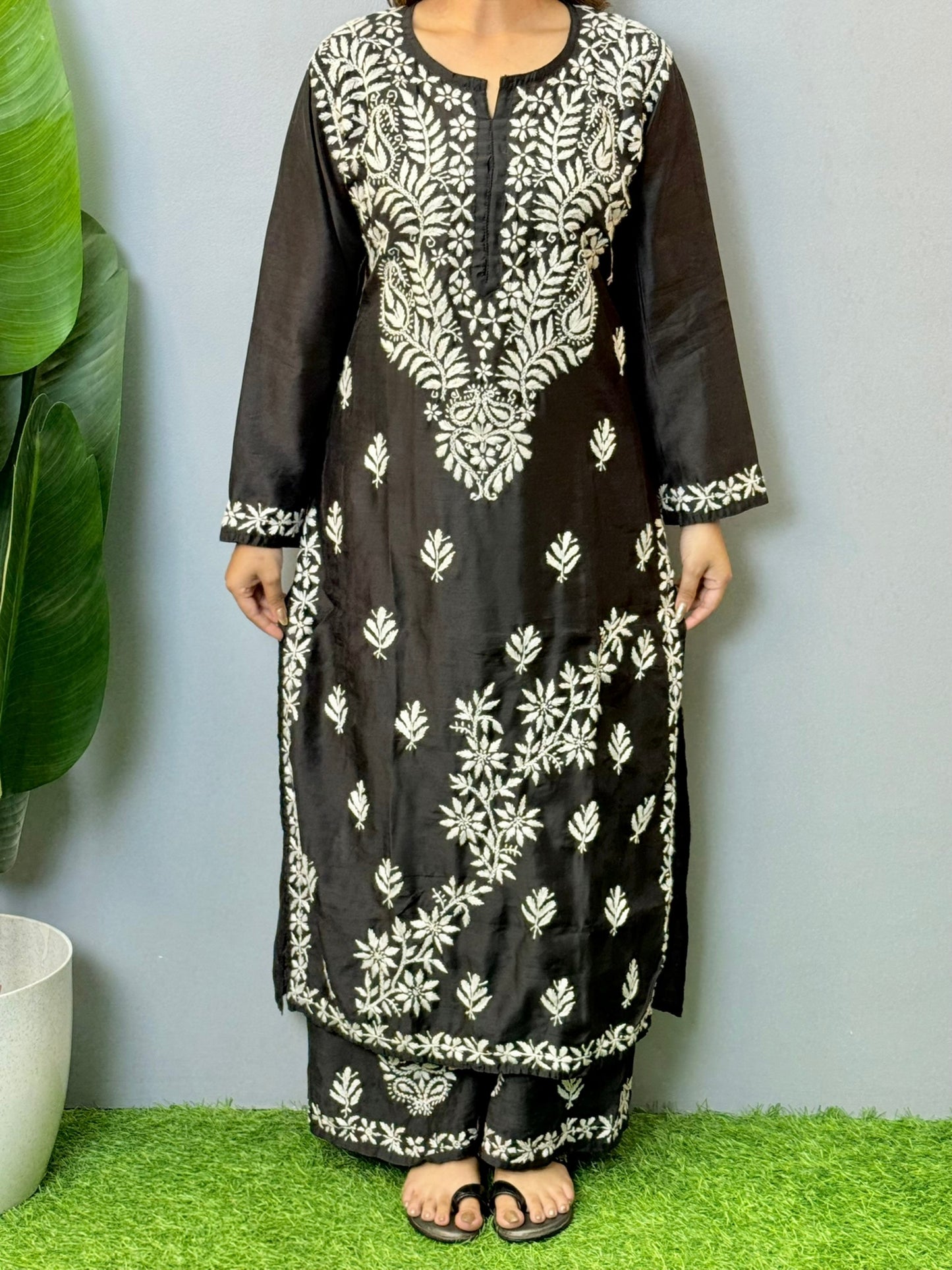 Black Lucknow chikankari chanderi kurta and palazzo set with white hand embroidery