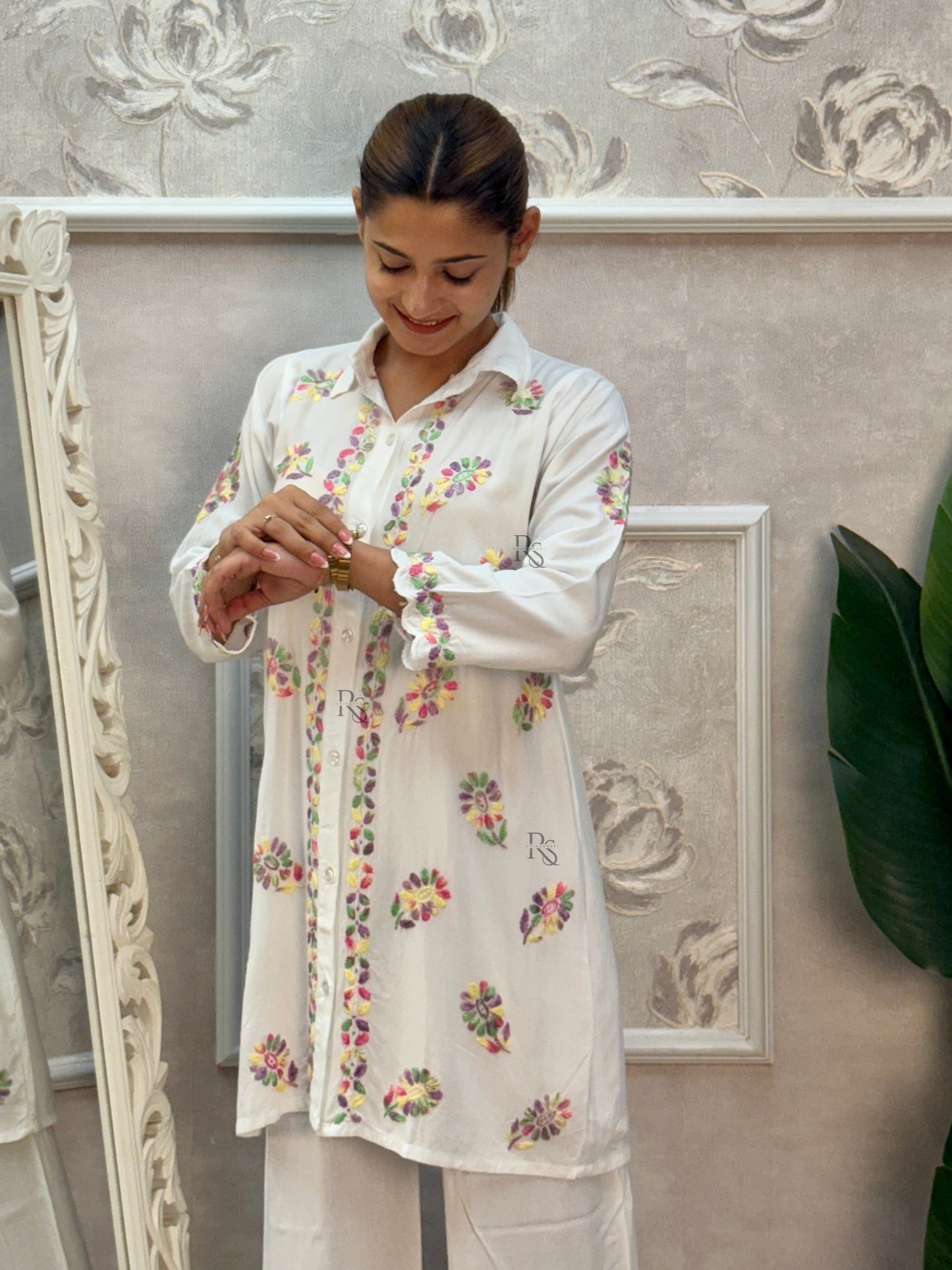 White rayon Lucknow Chikankari kurta and palazzo set with multi-color thread hand embroidery
