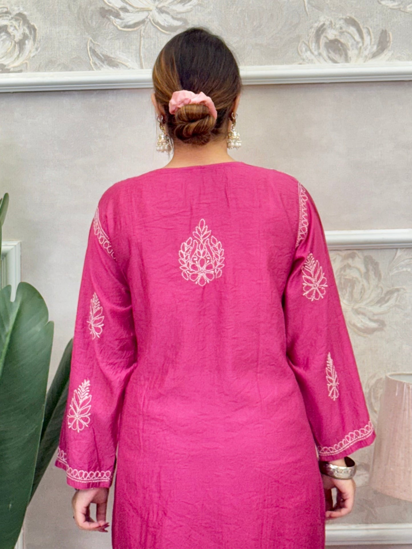 Wine Pink Chanderi Lucknow Chikankari Kurta with Bakhiya Embroidery – R S Chikankari