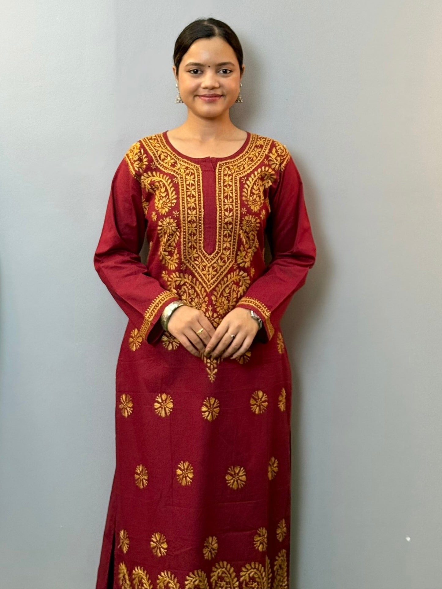 Maroon cotton Lucknowi Chikankari kurta with mustard hand embroidery for casual wear