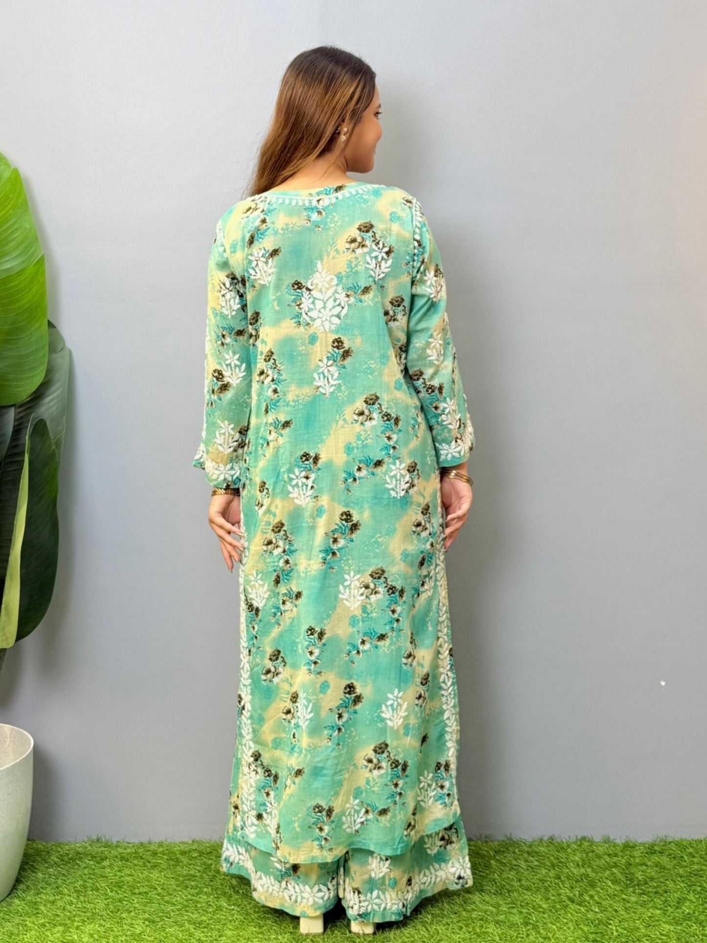 Aqua green printed mulmul chikankari kurta palazzo set with hand embroidery