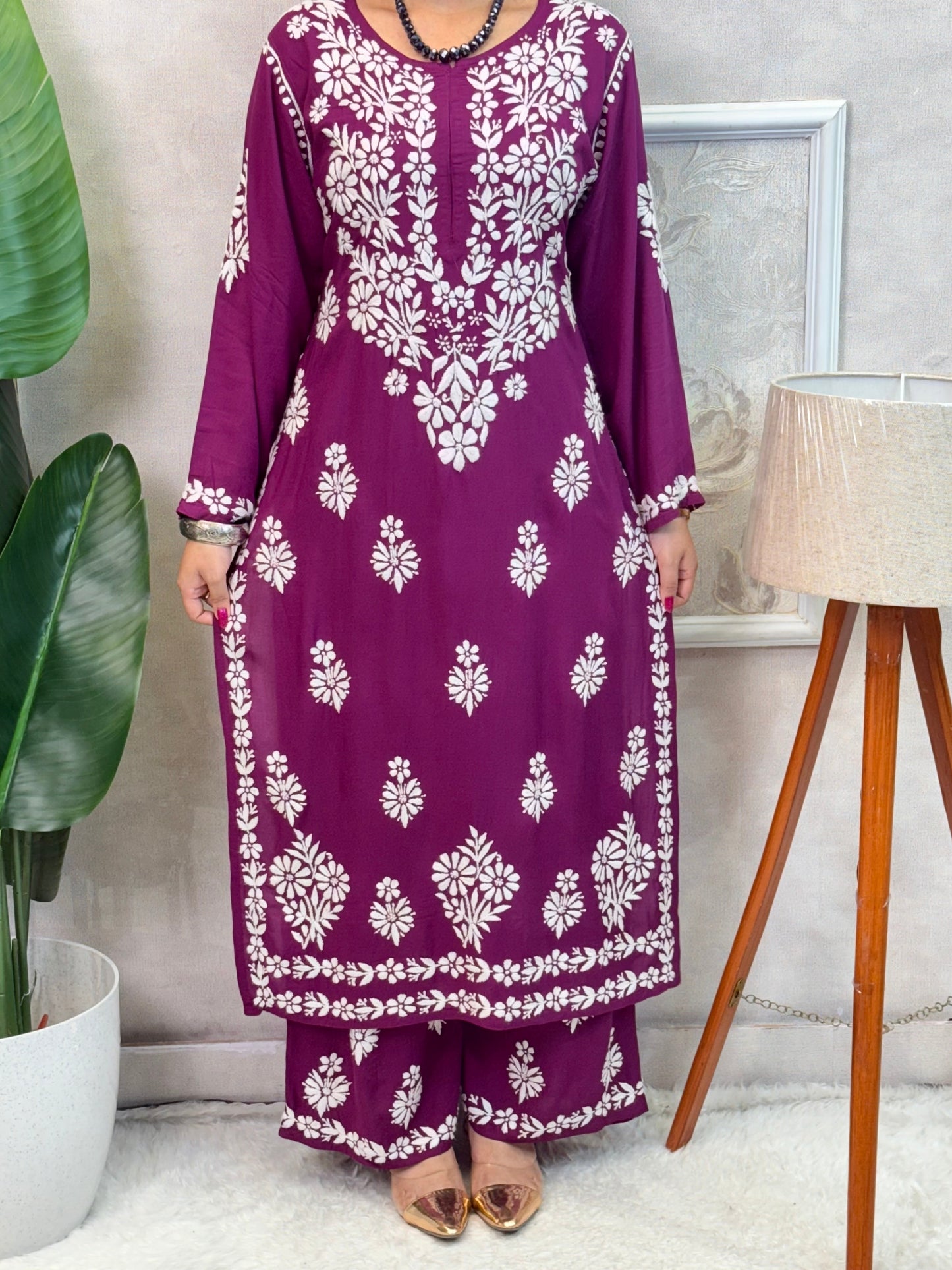 Lucknow Chikankari Plum Purple Modal Kurta Palazzo Set – Premium Hand Embroidery