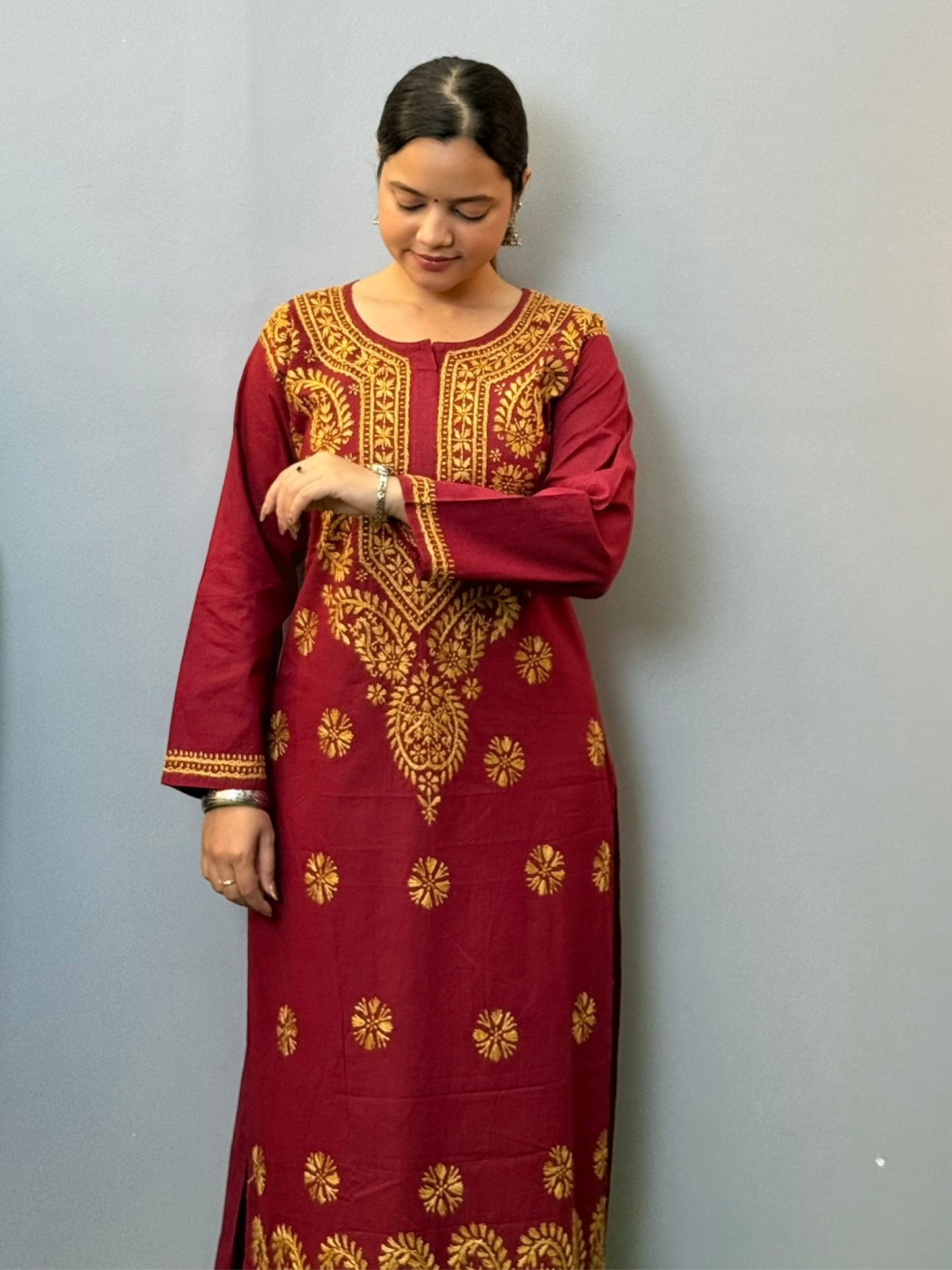 Maroon cotton Lucknowi Chikankari kurta with mustard hand embroidery for casual wear